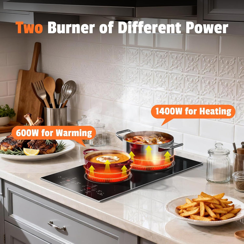 2 Burner Electric Cooktop - 110v Countertop and Built-in Electric Stove 2000W, 12 Inch Ceramic Stove with Residual Heat Indicator, Over-Temperature Protection, Knob Control, 110-120V Plug in
