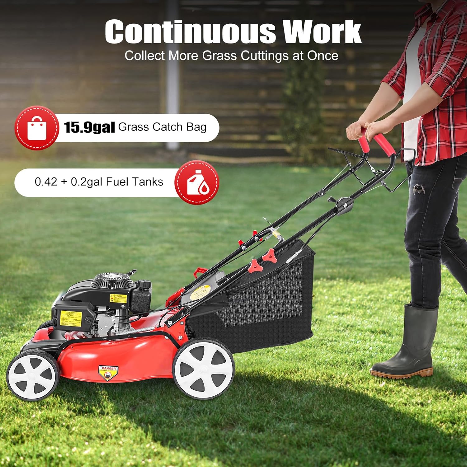 20 Inch Self Propelled Gas Lawn Mower, 140CC 4-Stroke OHV Engine 5HP, 8-Position Height Adjustment 1-3.2in, 15.9Gal Large Grass Catcher Cordless Push Lawn Mowers for Garden Yard