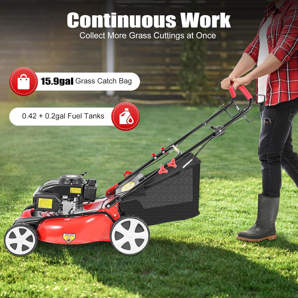140CC Self Propelled Gas Lawn Mower, 4-Stroke Gasoline Walk-Behind Lawn Mower, 5HP Cordless Walk Behind Brush Cutter wuth 8 Gears Adjustable Cutting Height and 20' Mowing Width, 15.9Gal Bag