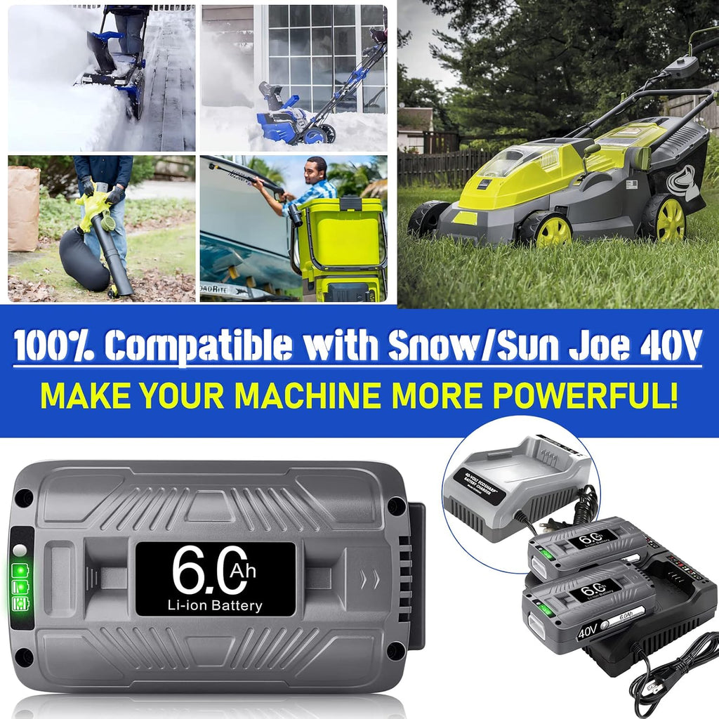 【Upgrade!】 40V 6.0Ah Replacement Battery for Snow Joe/Sun Joe Ecosharp 40V Tools Lithium-ion Battery Snow Blower Lawn Mower Pressure Washer. 40V Wireless iON Models