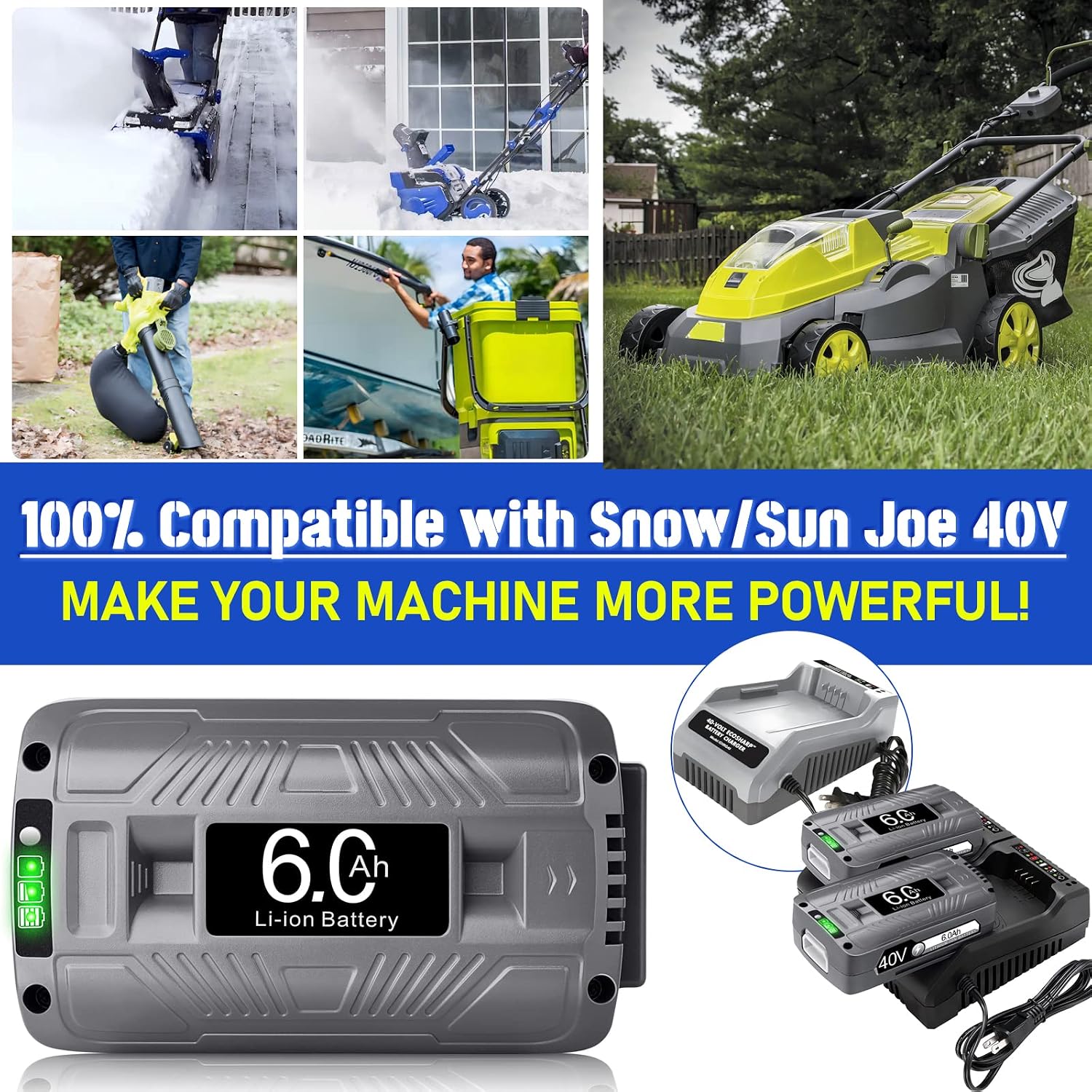 【Upgrade!】 40V 6.0Ah Replacement Battery for Snow Joe/Sun Joe Ecosharp 40V Tools Lithium-ion Battery Snow Blower Lawn Mower Pressure Washer. 40V Wireless iON Models