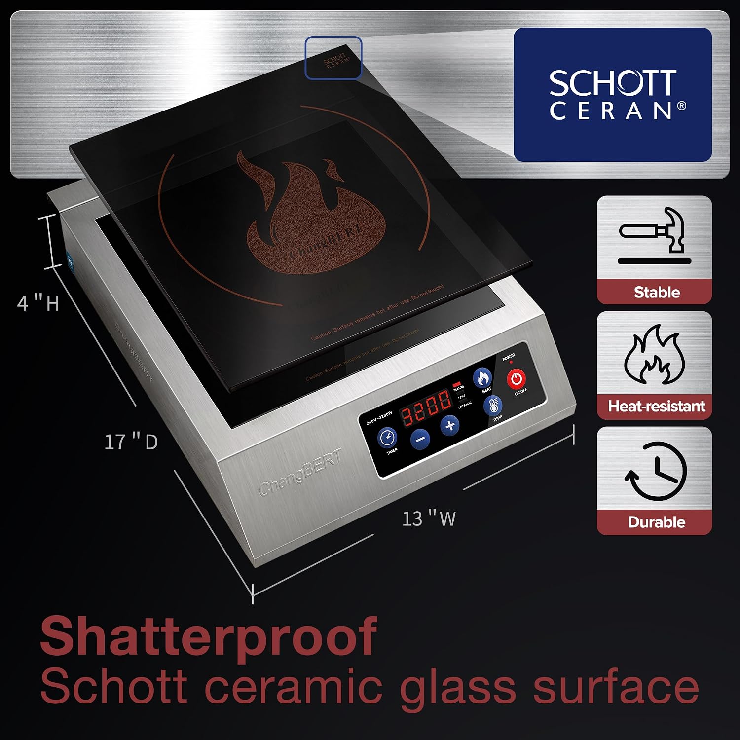ChangBERT Induction Cooktop Commercial 1800W & Induction Cooktop 208-240V 3200W NSF Certified Commercial Grade Burner Pro Chef Professional Range High Power 18/10 Stainless Steel Housing Schott Glass