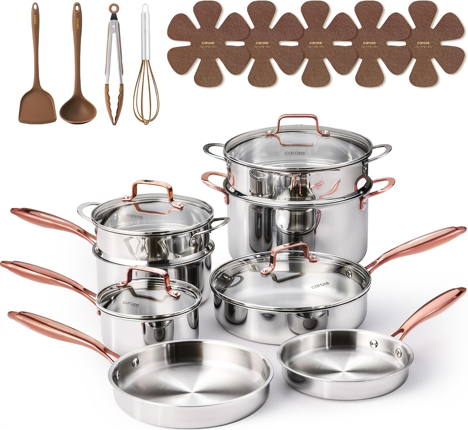 CAROTE 21pcs Tri-Ply Stainless Steel Cookware Set, Pots and Pans Set, Non Toxic Induction Kitchen Cooking Sets, Cookware Collection, Mirror Polish, Gold, Mothers Day Gifts