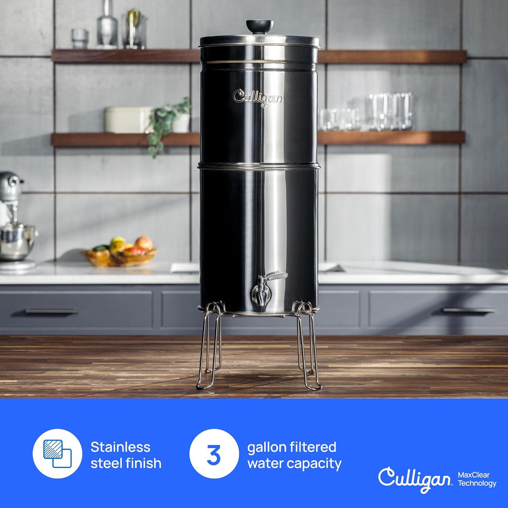 Culligan MaxClear 3 Gallon Gravity Water Filter System Removes Microplastics, PFAS & Lead, NSF/ANSI Certified, Polished Stainless-Steel Countertop Filter with 3 Ceramic Filters