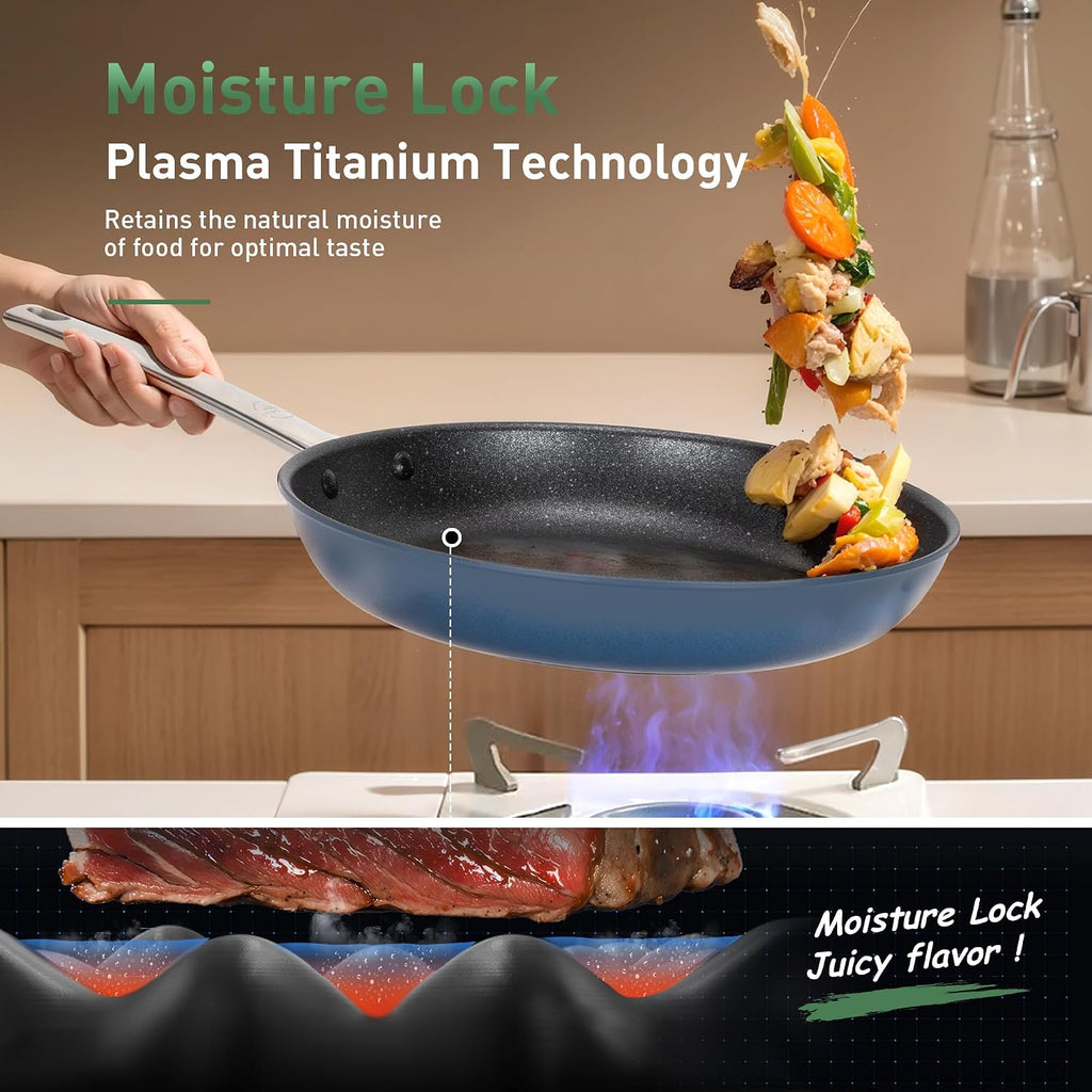 Kitchen Academy Plasma Titanium Ceramic Nonstick Cookware Set - 6 Piece Induction Pots and Pans Set Non Stick, Blue Healthy Non Toxic Cooking Ware Set with Scratch Defense Technology, PFOA&PFOS Free
