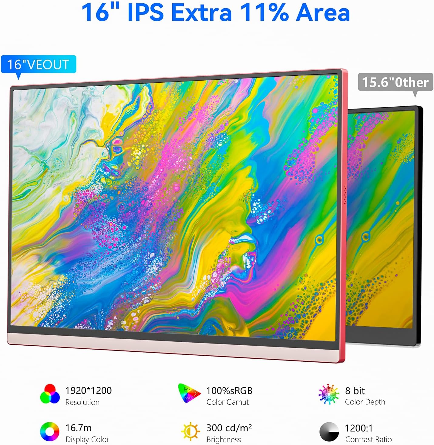Veout 16Inch Pink Portable Monitor for Laptop, 1920x1200P IPS 16:10 Computer External Screen, 100% sRGB Stand Support Freesync, for Girl Phone, PC Home Use