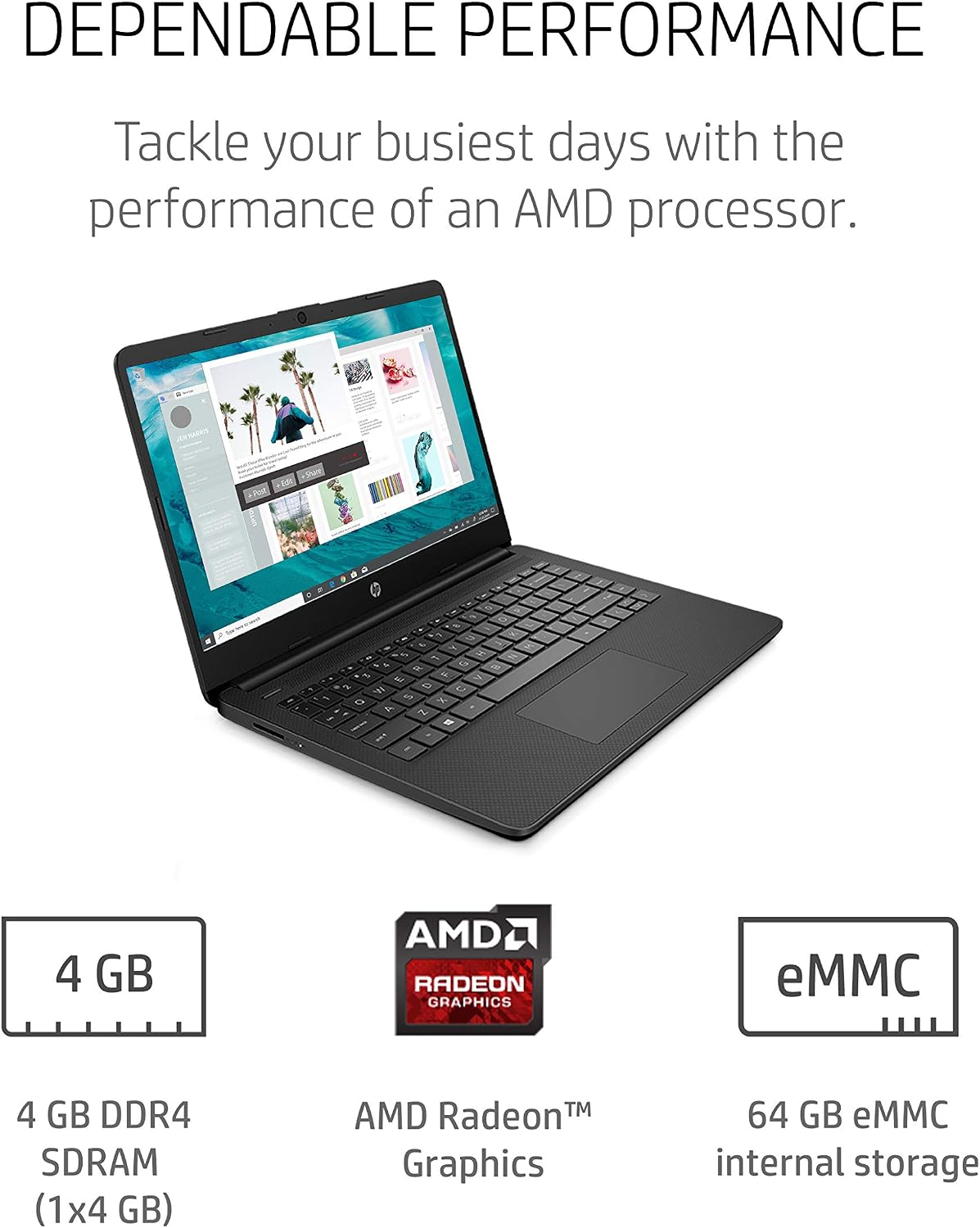 HP 14 Laptop, AMD 3020e, 4 GB RAM, 64 GB eMMC Storage, 14-inch HD Display, Windows 10 Home in S Mode, Long Battery Life, Microsoft 365, (14-fq0020nr, 2020)