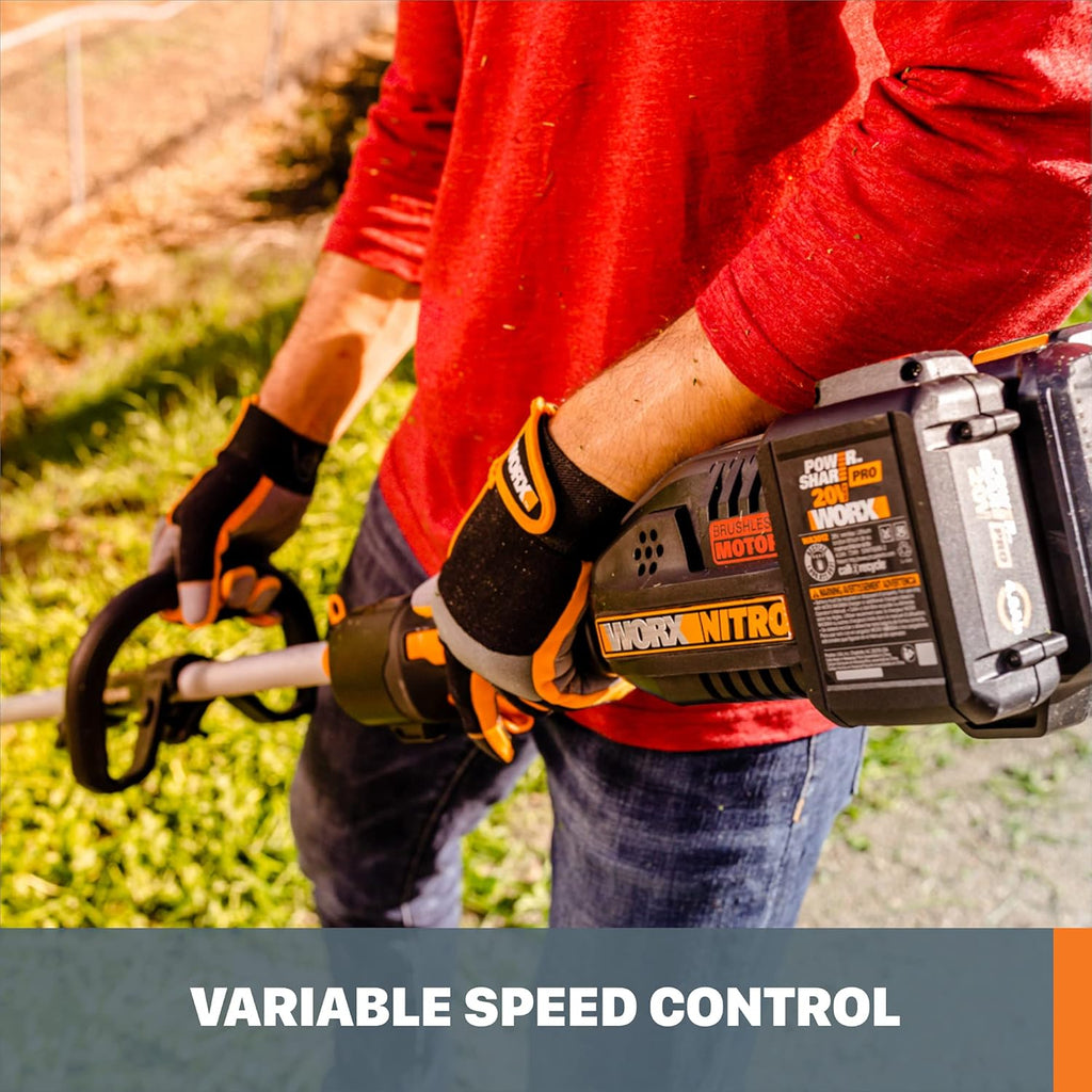 Worx Cordless String Trimmer, 15'' Electric Weed Wacker with Dual-exit Head, 31CC Gas-Like 40V Brushless Weed Eater with Attachment-Capable Driveshare, 2 × 4.0 Ah Batteries & Charger Included, WG186