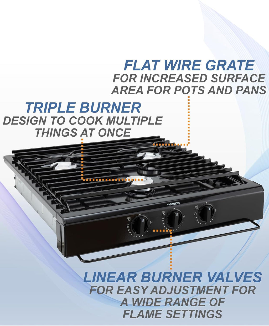 Replacement for Atwood 50300 RV Three Burner Cooktop | RV Cooktop Stove | 9,000 BTU front burner 6,500 BTU rear burners | Gas Burners