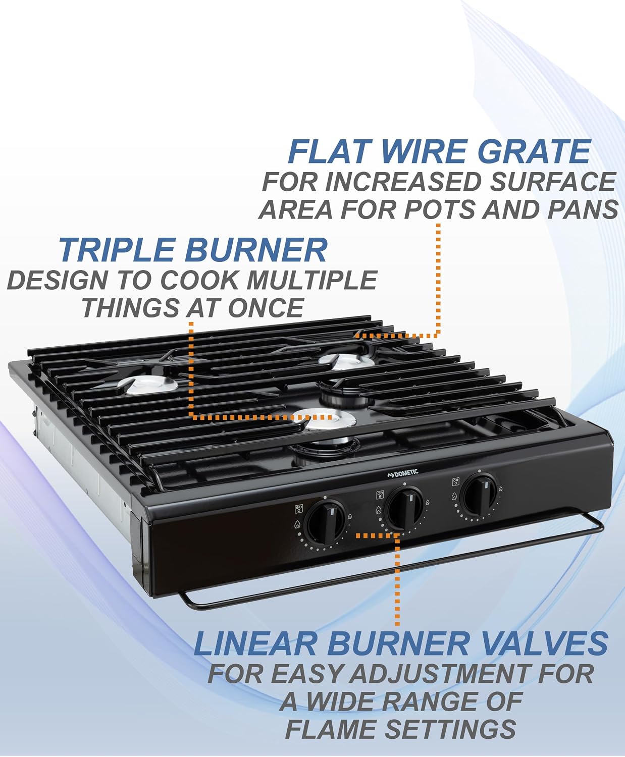Replacement for Atwood 50300 RV Three Burner Cooktop | RV Cooktop Stove | 9,000 BTU front burner 6,500 BTU rear burners | Gas Burners