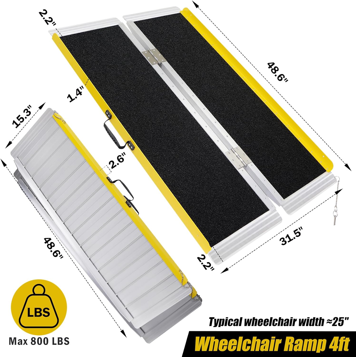 Portable Wheelchair Ramp 4FT, Foldable Handicap Ramp for Wheelchairs, 48.6' L x 31.5' W, Aluminum Ramp with Non-Slip Surface, Wheelchair Ramps for Home, Steps, Stairs, Doorways, Curbs, 800LBS Capacity