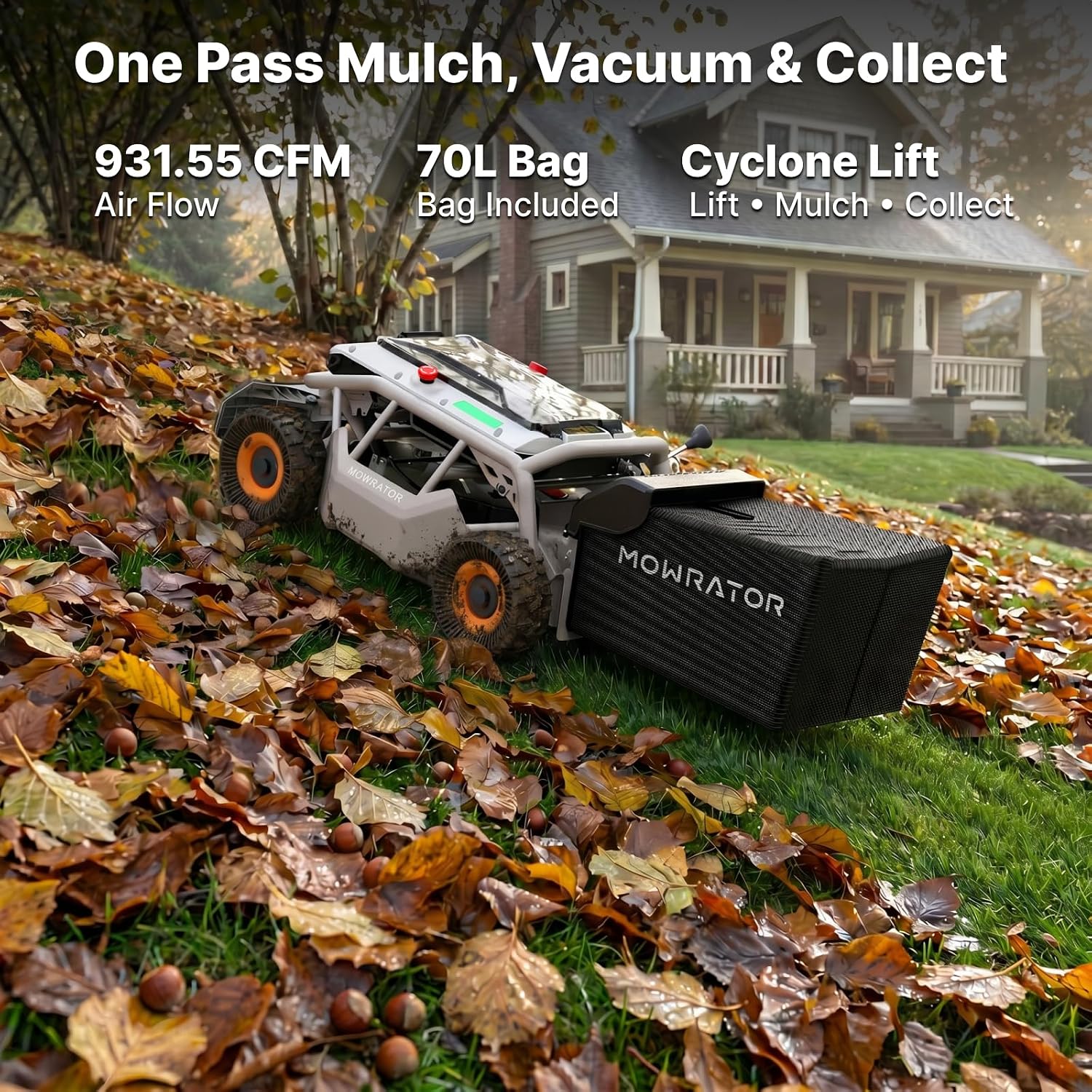 Mowrator S1 4WD 18Ah Remote Control Lawn Mower with Deformable Tires, All-Season Yard Care, 100% (45°) Slope Climbing, with Leaf Shredding Vacuum, 21' Width, 1.5–4.3' Cutting Height, Up to 1.12 Acres