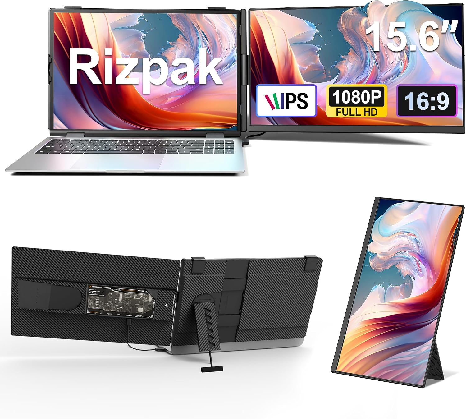 15.6' Laptop Screen Extender, Ultra-Slim FHD 1080P Portable Monitor, Detachable Dual Monitor Travel & Remote Work, Plug and Play for 13'-17.3' Laptops, for Windows/Mac/Android/Chrome