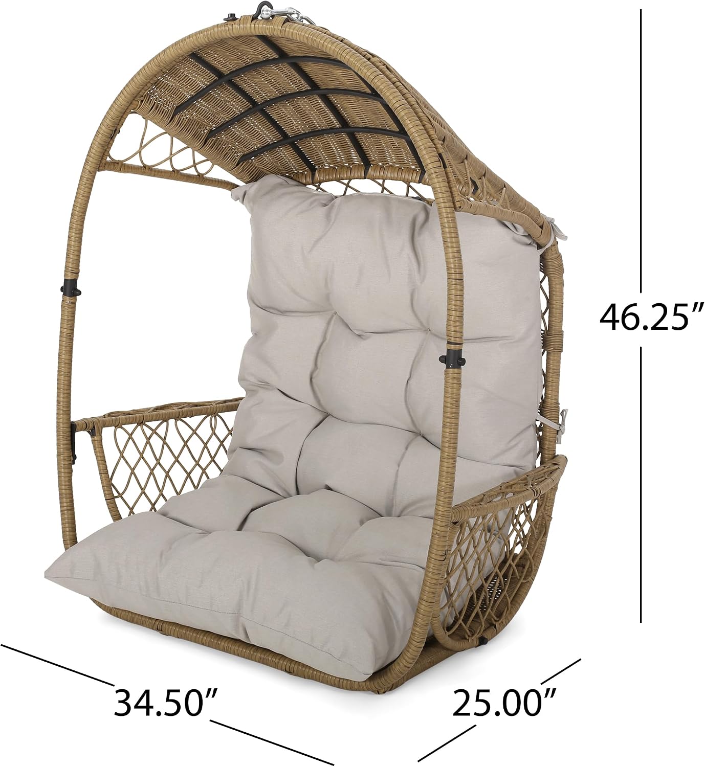 Hanging Egg Chair with Cushion, Wicker Basket Hanging Chair for Indoor Outdoor Patio, Balcony, Living Room, Brown & Beige (Stand Not Included)