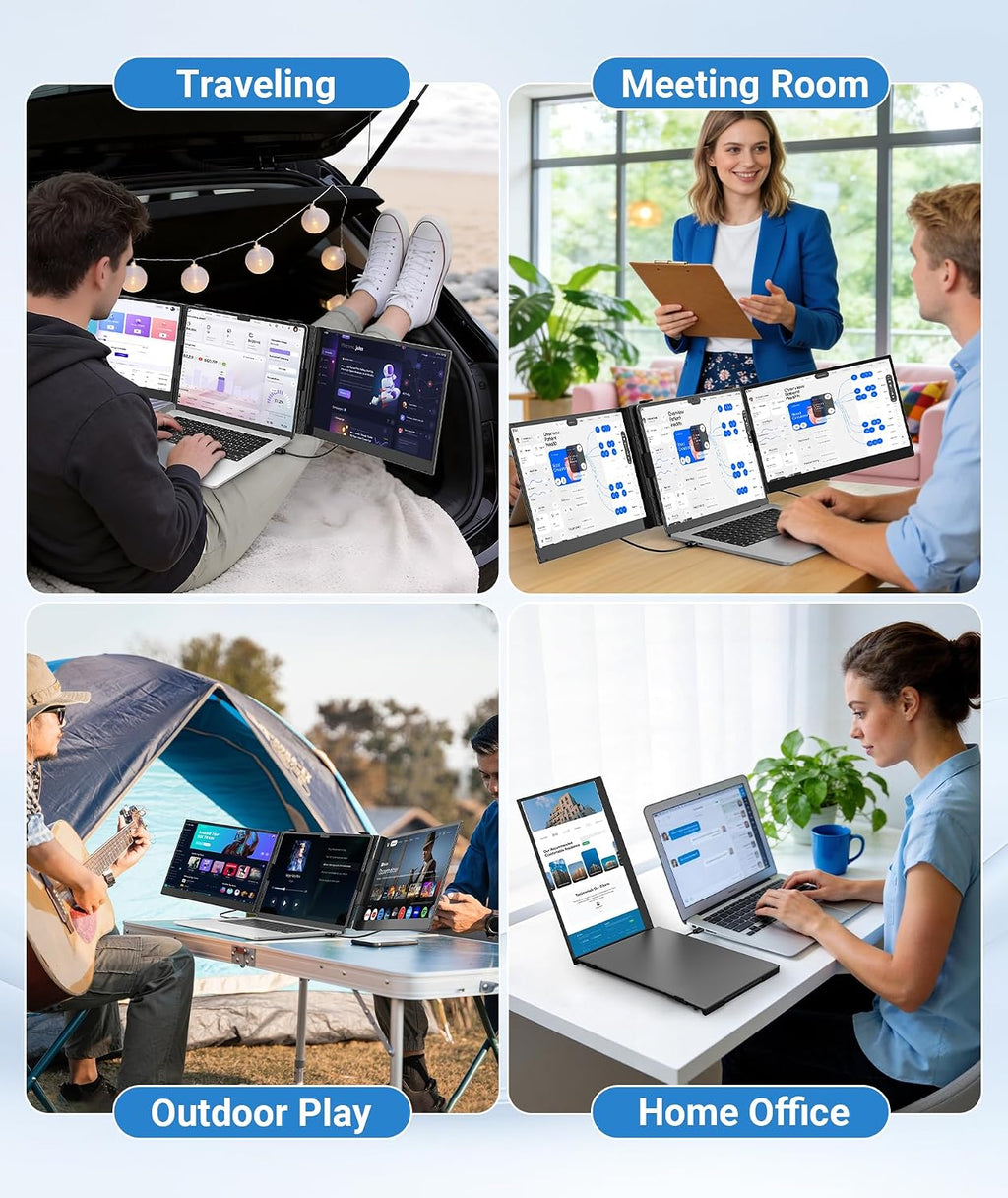 14' Triple Laptop Screen Extender, FHD 1080P IPS Ultra-Thin Portable Monitor, 2.2lbs Plug & Play USB-C/HDMI Travel Monitor for 13'-17' Laptops, Compatible with Windows, Mac, Android, Chrome
