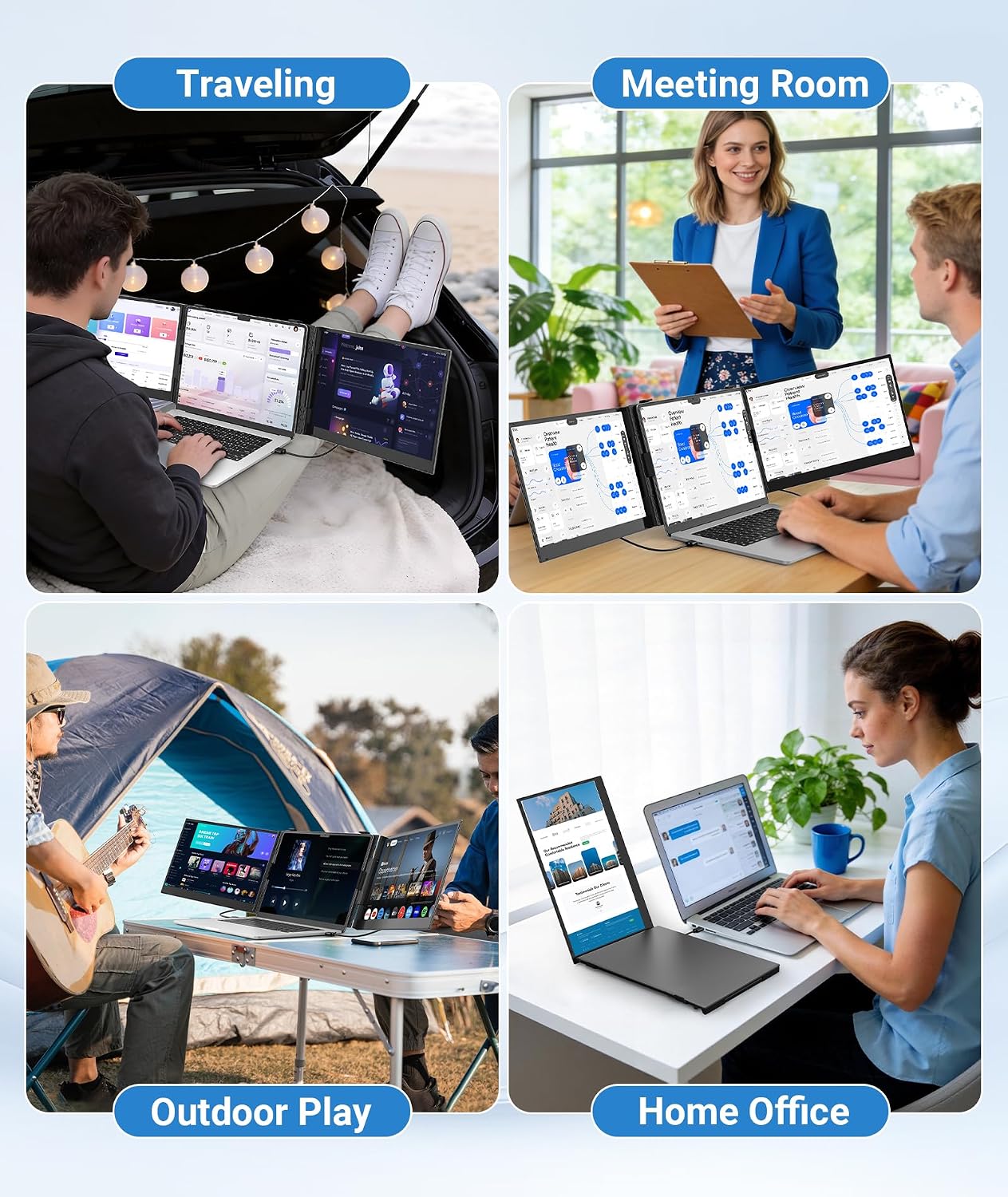 14' Triple Laptop Screen Extender, FHD 1080P IPS Ultra-Thin Portable Monitor, 2.2lbs Plug & Play USB-C/HDMI Travel Monitor for 13'-17' Laptops, Compatible with Windows, Mac, Android, Chrome