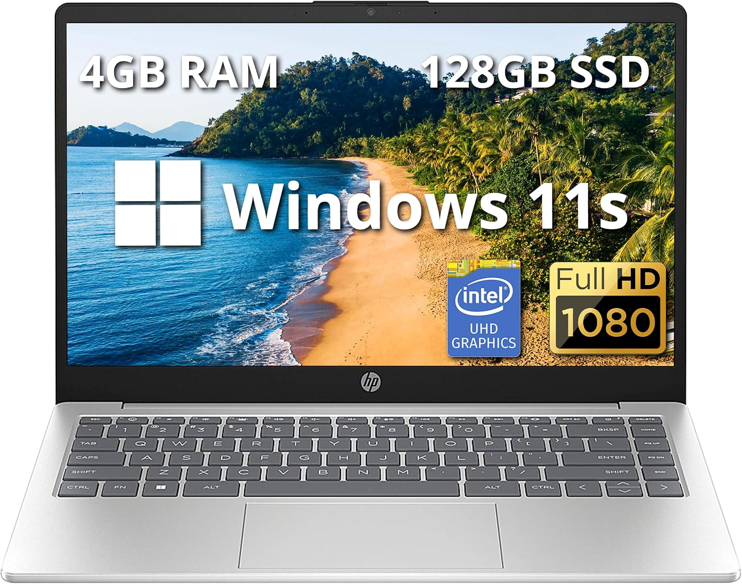 HP 14' FHD IPS Business Laptop, Intel N200 Processor, 4GB RAM, 128GB SSD, Intel UHD Graphics, Backlit Keyboard, Wi-Fi 6, Webcam, Windows 11 S, Silver (Renewed)