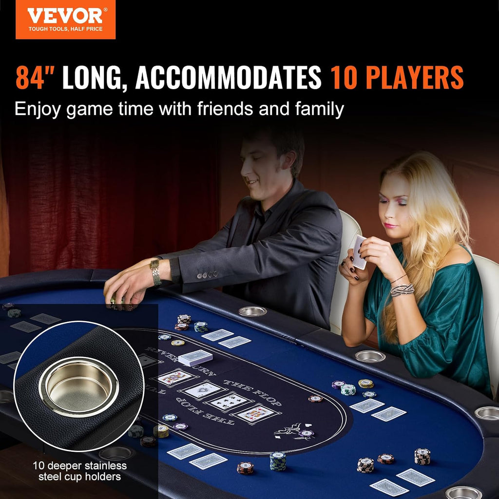 VEVOR 10 Player Poker Table Foldable, Portable Folding Card Board Game Table, Casino Leisure Table, Blackjack Texas Holdem Table with Padded Rails and Stainless Steel Cup Holders,Blue (84 in)