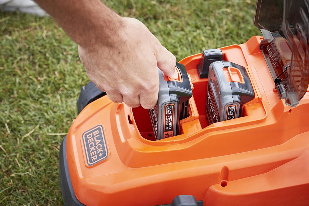 BLACK+DECKER 18 V Battery Lawn Mower (36 V with Two 18 V 2.5 Ah Batteries Supplied) - 33 cm Bull - Adjustable Cutting Height - Basket 35 Litres BCMW3318L2-QW