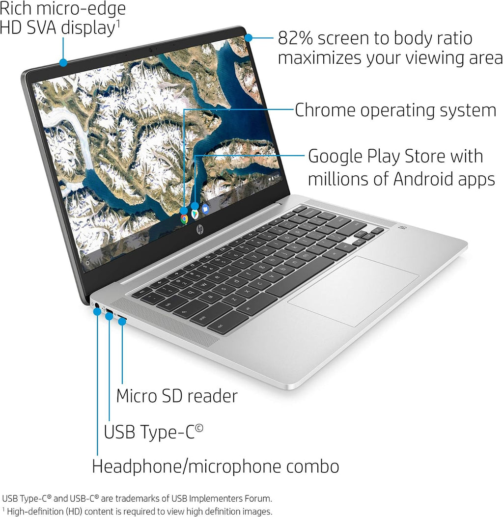 HP Chromebook 14-inch HD Laptop, Intel Celeron N4000, 4 GB RAM, 32 GB eMMC, Chrome (14a-na0010nr, Mineral Silver) (Renewed)