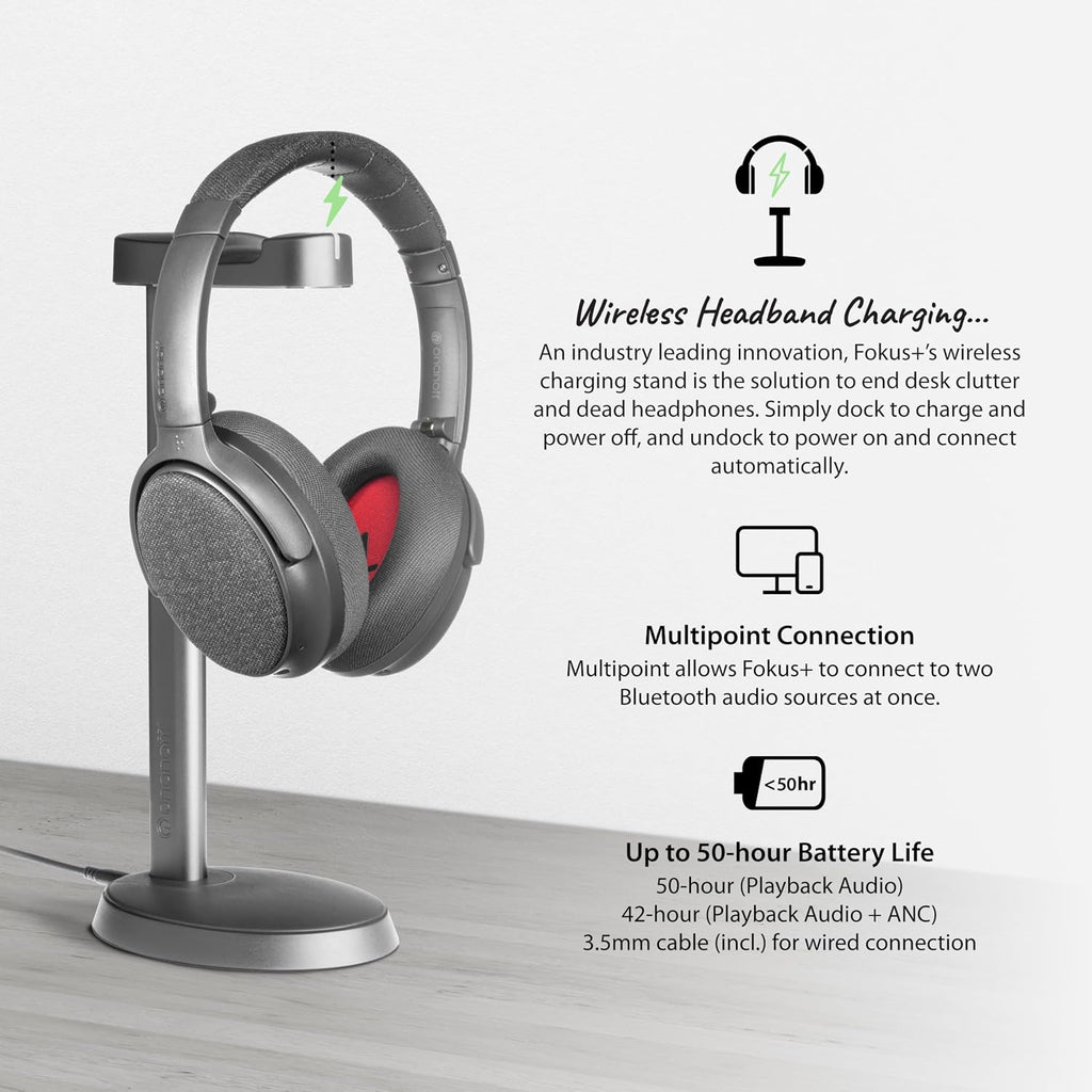 ONANOFF Fokus Plus Hybrid Active Noise Cancelling Bluetooth Headset, 50H Playtime, with Headphone Stand Wirelessly Charges Your Headphones, Removable Boom Mic, Multipoint, Home Work Travel- Dusk Grey