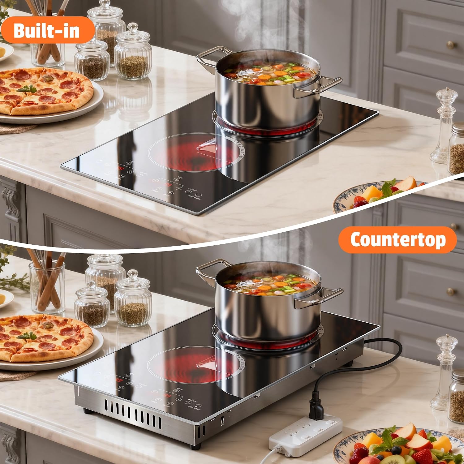2 Burner Electric Cooktop - 110v Countertop and Built-in Electric Stove 2000W, 12 Inch Ceramic Stove with Residual Heat Indicator, Over-Temperature Protection, Knob Control, 110-120V Plug in