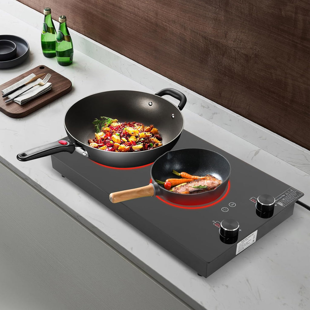 Electric Hob Cook Top Stove,110V Induction Cooktop, Electric Stove, 2 Burners Ceramic with Knob Control, Cooktop Timer
