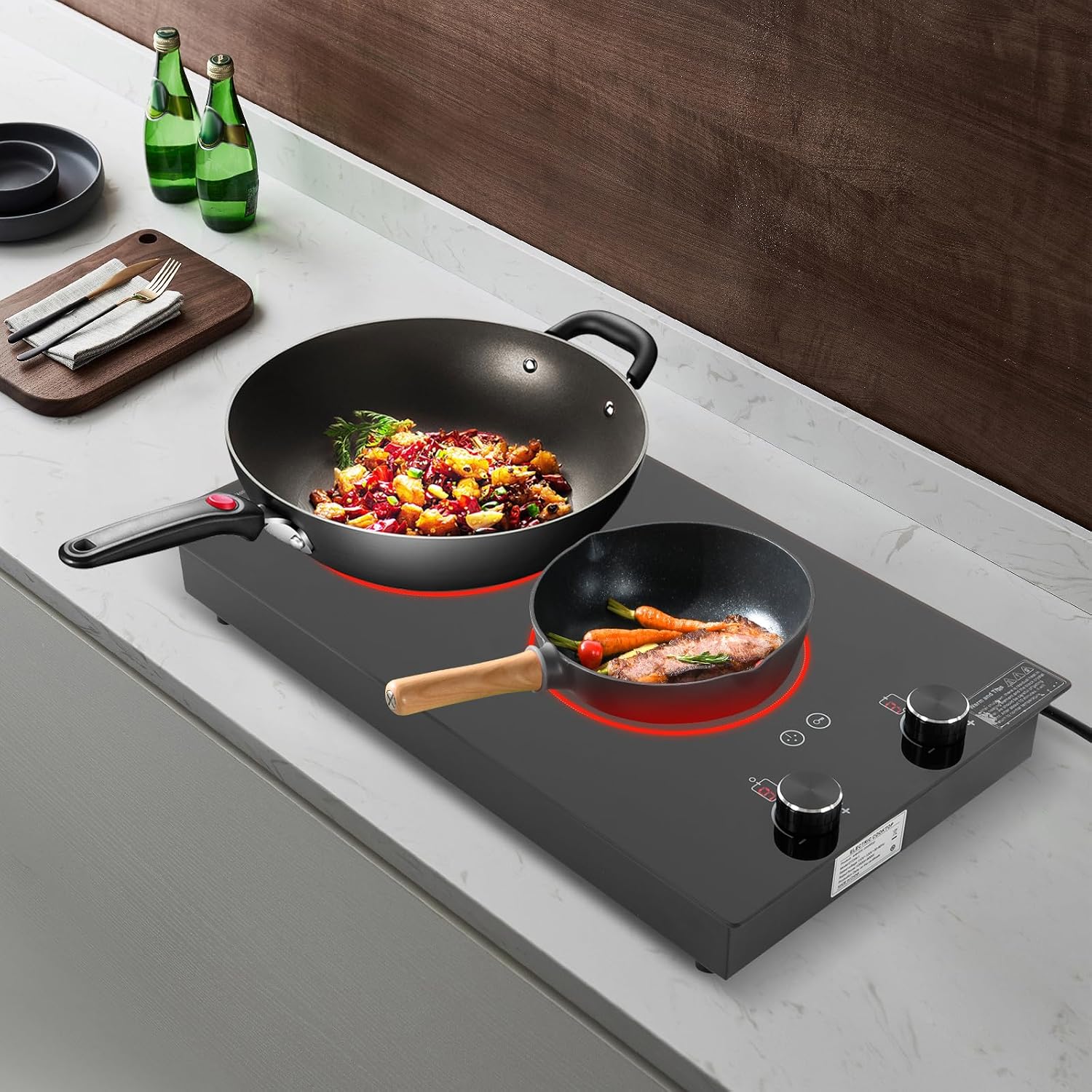 Electric Hob Cook Top Stove,110V Induction Cooktop, Electric Stove, 2 Burners Ceramic with Knob Control, Cooktop Timer