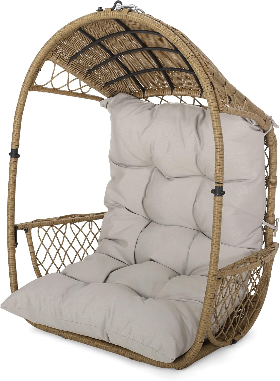 Hanging Egg Chair with Cushion, Wicker Basket Hanging Chair for Indoor Outdoor Patio, Balcony, Living Room, Brown & Beige (Stand Not Included)