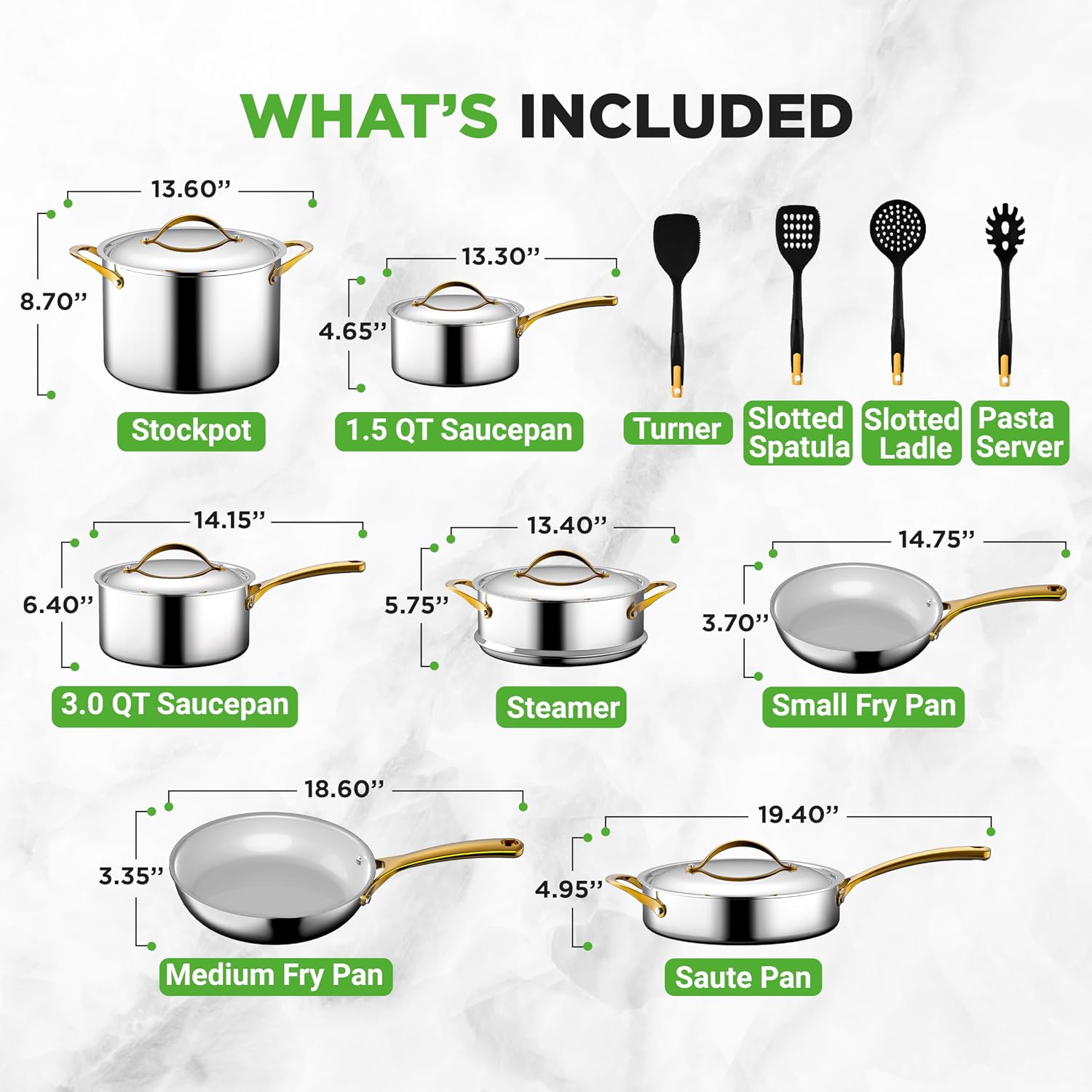 NutriChef 16-Piece Stainless Steel Kitchenware - Pots & Pans Set Clad Kitchen Cookware with Nylon Utensils, Fry Pan Interior Coated with Prestige Ceramic Non-Stick Coating, Stylish Kitchen Cookware