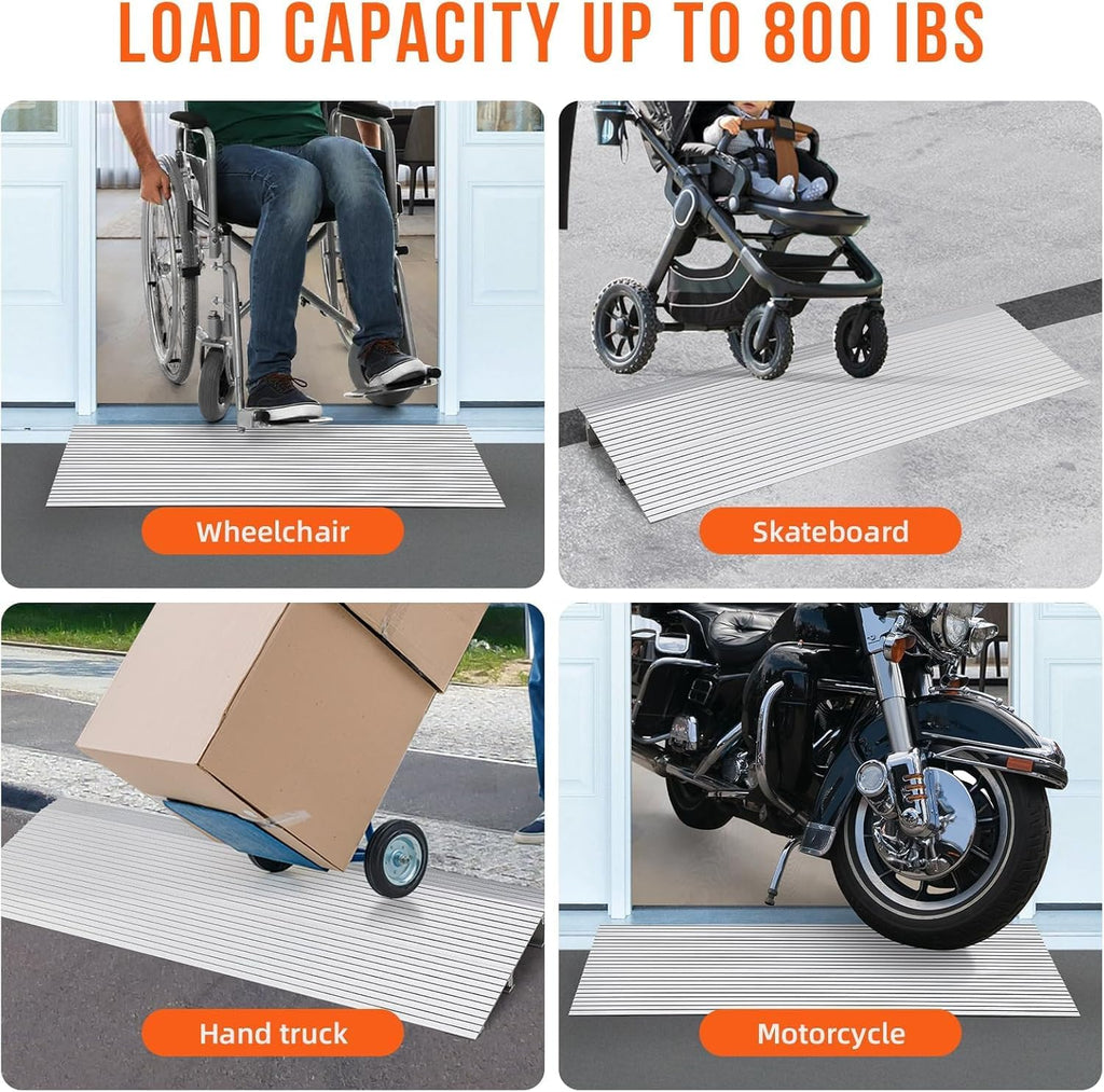 3' Aluminum Rise Door Threshold Ramp - Portable, Adjustable Telescoping Design, Non-Slip Surface, Rated 800 Lbs Load Capacity for Wheelchairs, Scooters, and Power Chairs