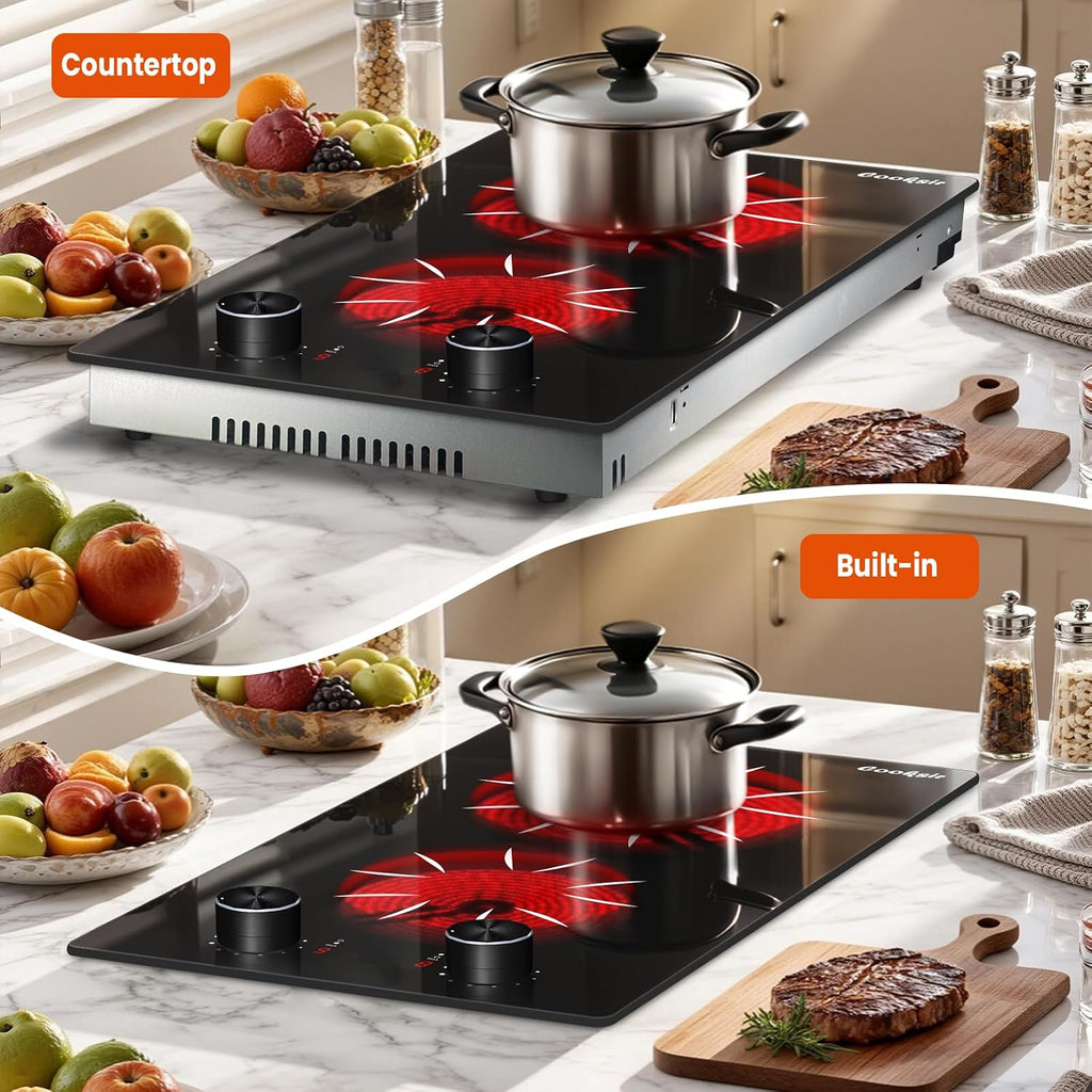 2 Burner Electric Cooktop - 12 Inch 2000W Electric Stove Built-in & Countertop, Two Burner Ceramic Cooktop with Knob Control, 9 Power Level, Over Heat Protection, 110-120V Plug in (Grey Konb)