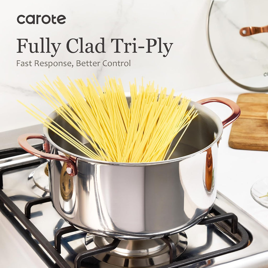 CAROTE 21pcs Tri-Ply Stainless Steel Cookware Set, Pots and Pans Set, Non Toxic Induction Kitchen Cooking Sets, Cookware Collection, Mirror Polish, Gold, Mothers Day Gifts