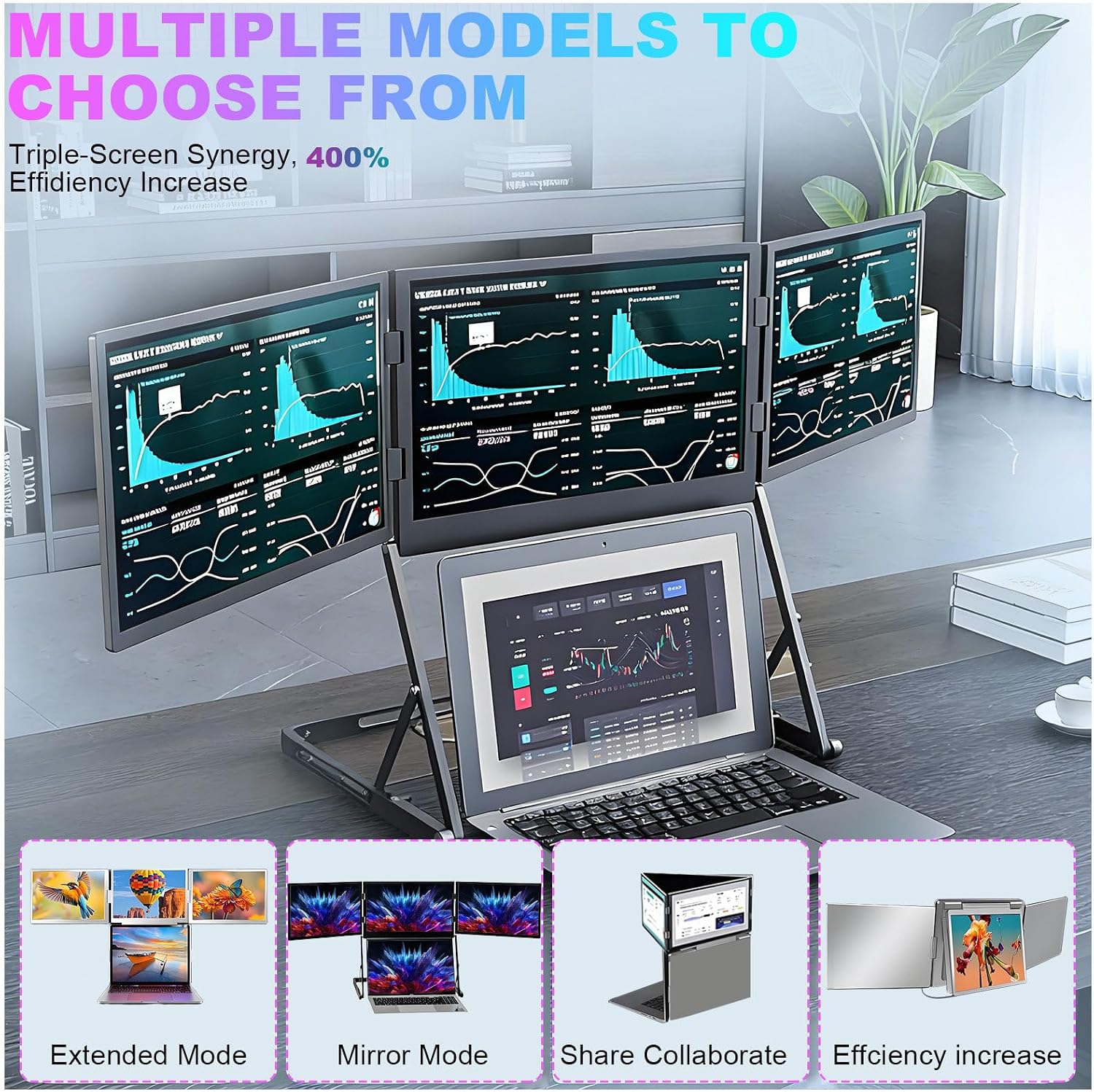 Laptop Screen Extender Monitor, 15.6' Triple Monitor FHD 1080P HDMI/Type-C Extended Monitor Just 1 Cable for 3 Screens for Laptops with 360° Rotation Compatible with Windows Mac Travel Work