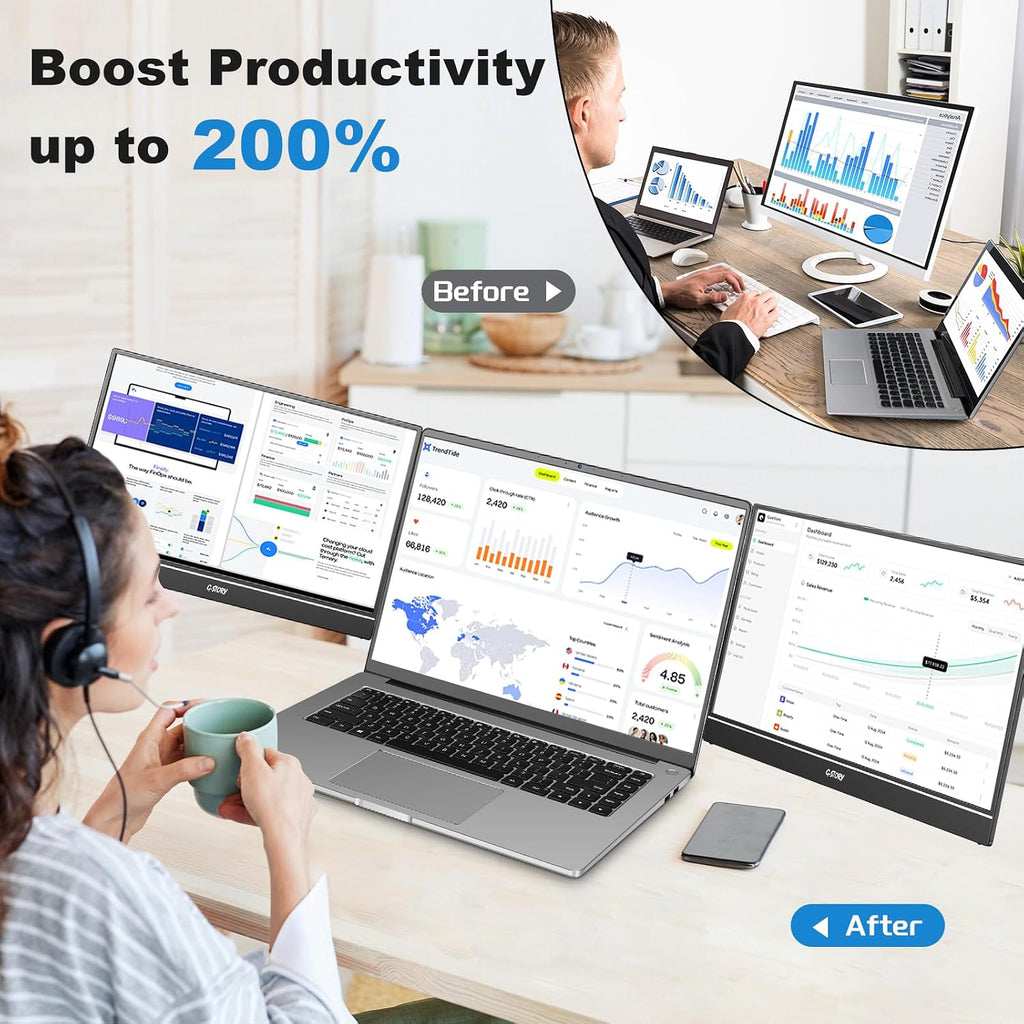 G-STORY Triple Laptop Screen Extender, 14' FHD 1080P Portable Laptop Extended Monitor, One Cable Connect Dual Screen Monitor (Without Fan Dual Screen)