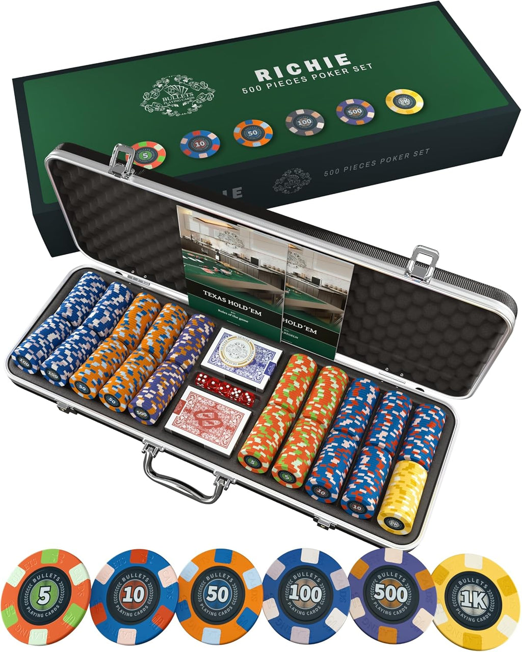 Bullets Playing Cards | Professional Poker Set Richie | 500 Ceramic Poker Chips (10 g) with Premium Carrying Case – Casino Poker Set for Texas Hold'em