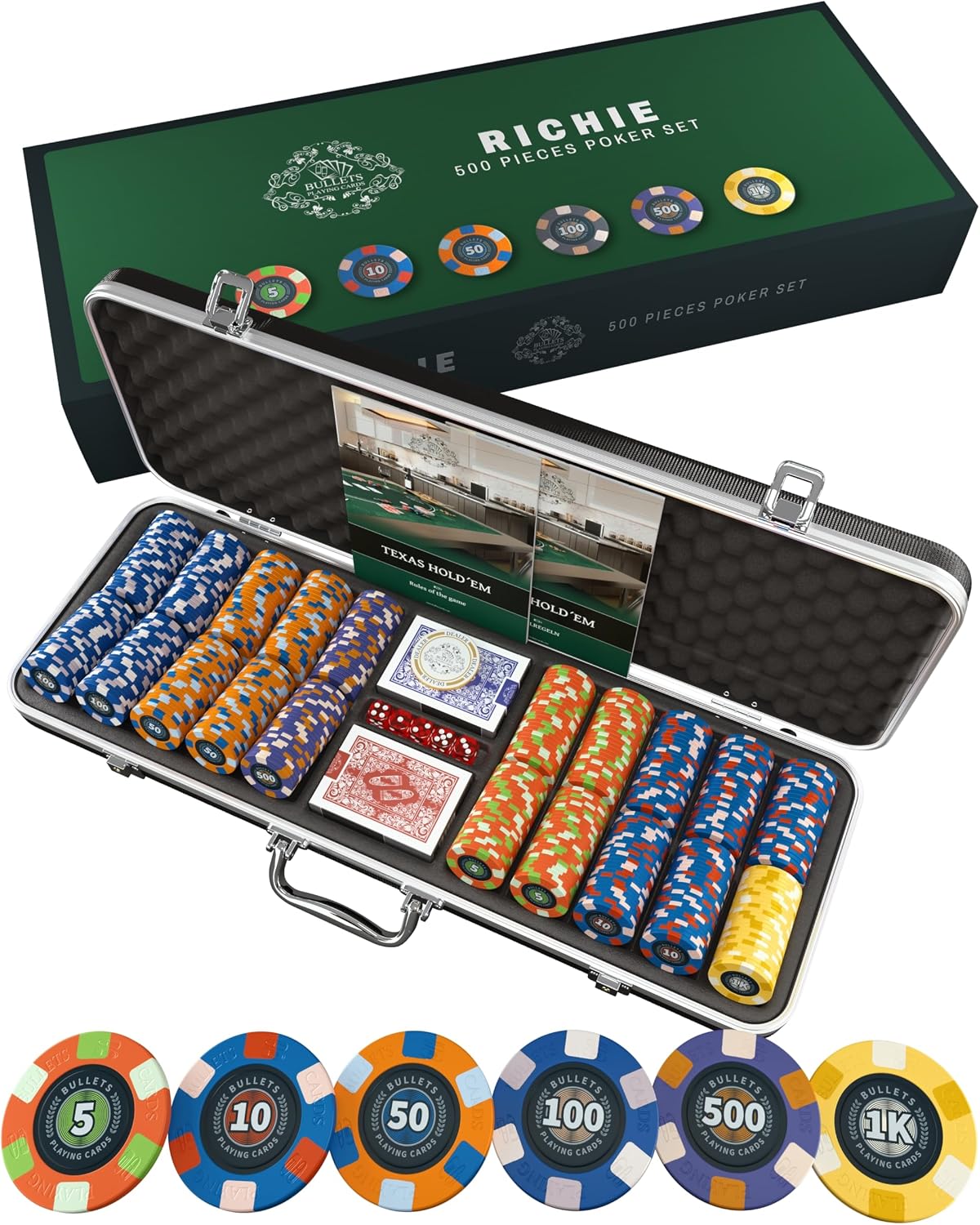 Bullets Playing Cards | Professional Poker Set Richie | 500 Ceramic Poker Chips (10 g) with Premium Carrying Case – Casino Poker Set for Texas Hold'em