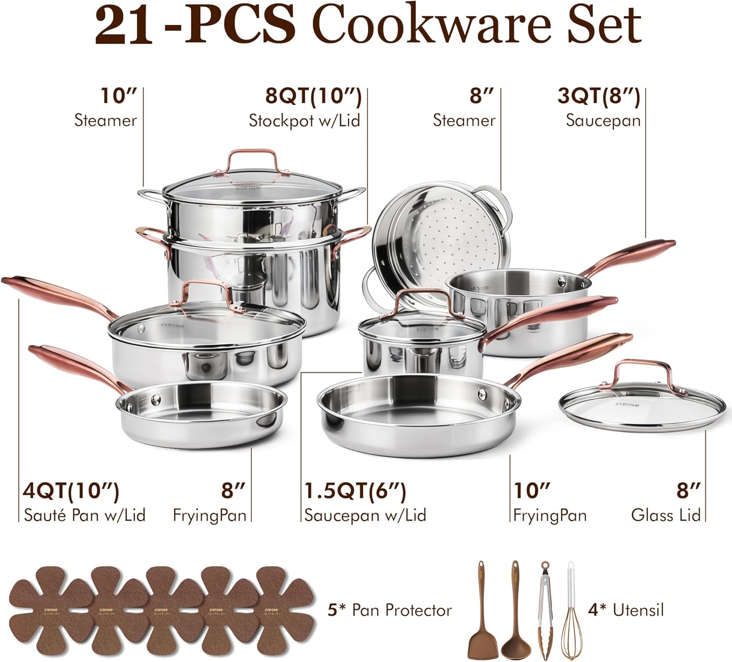 CAROTE 21pcs Tri-Ply Stainless Steel Cookware Set, Pots and Pans Set, Non Toxic Induction Kitchen Cooking Sets, Cookware Collection, Mirror Polish, Gold, Mothers Day Gifts