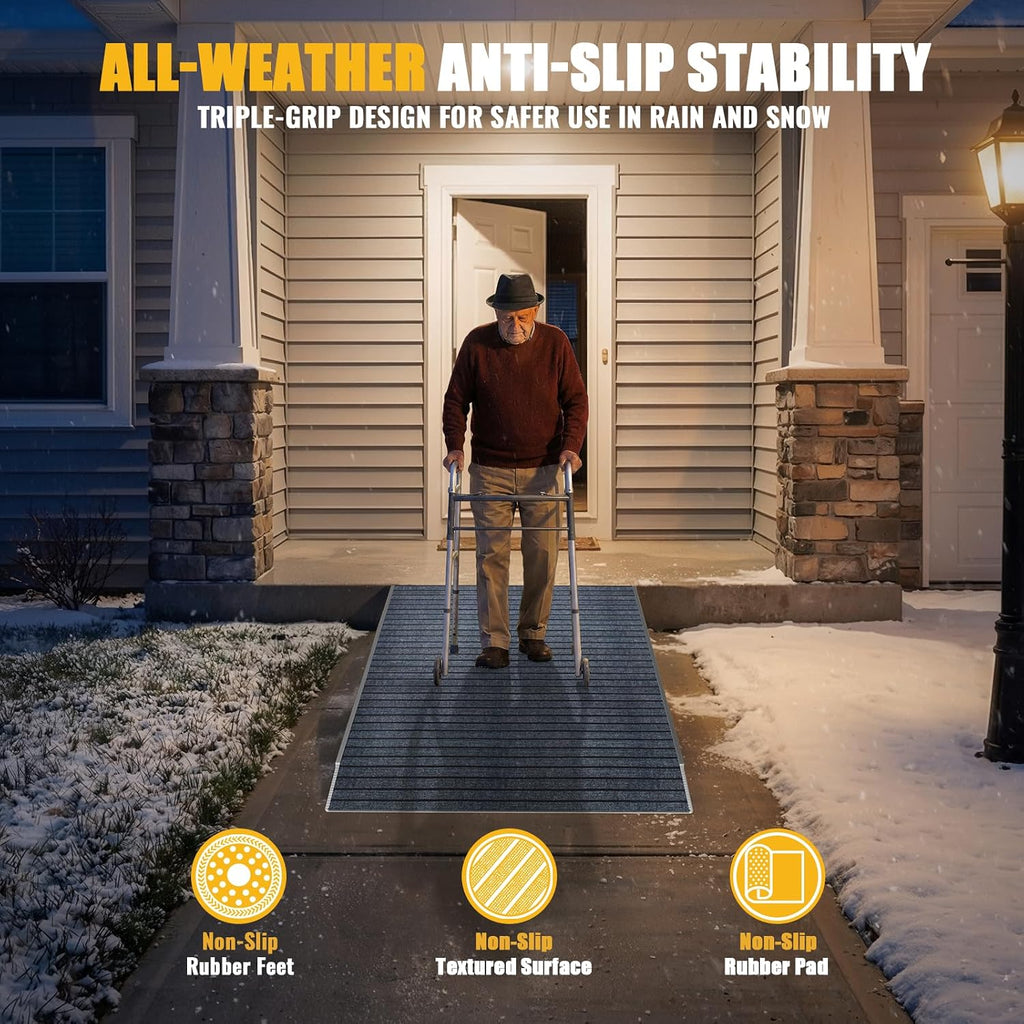 Aluminum Threshold Ramp for Doorways, Adjustable 3.34' to 5.3' Rise, 48' Portable Wheelchair Walker Ramp for Home with Adjustable Leveling Feet and Non-Slip Door Mat, for Steps, Curbs and Entryways