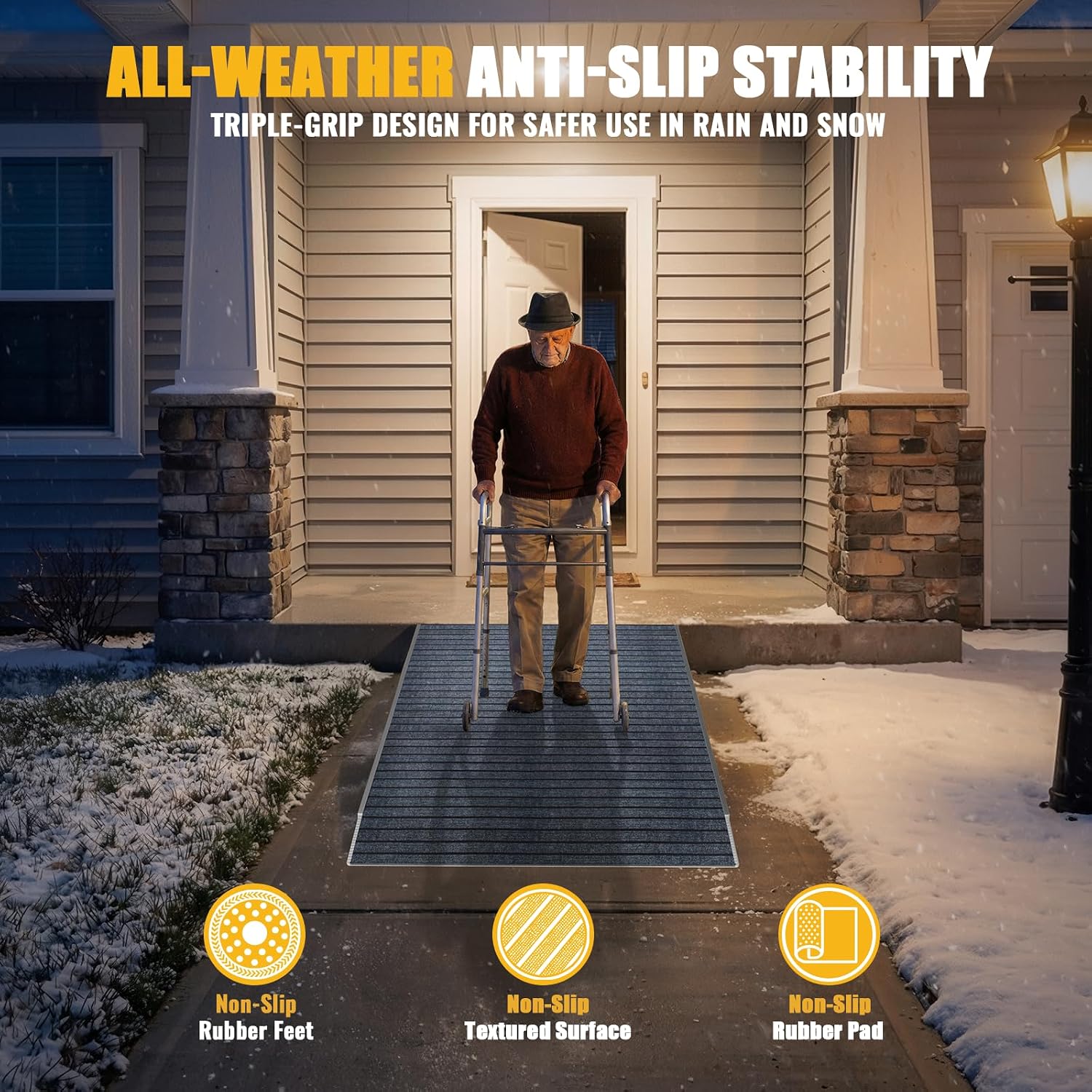 Aluminum Threshold Ramp for Doorways, Adjustable 3.34' to 5.3' Rise, 48' Portable Wheelchair Walker Ramp for Home with Adjustable Leveling Feet and Non-Slip Door Mat, for Steps, Curbs and Entryways