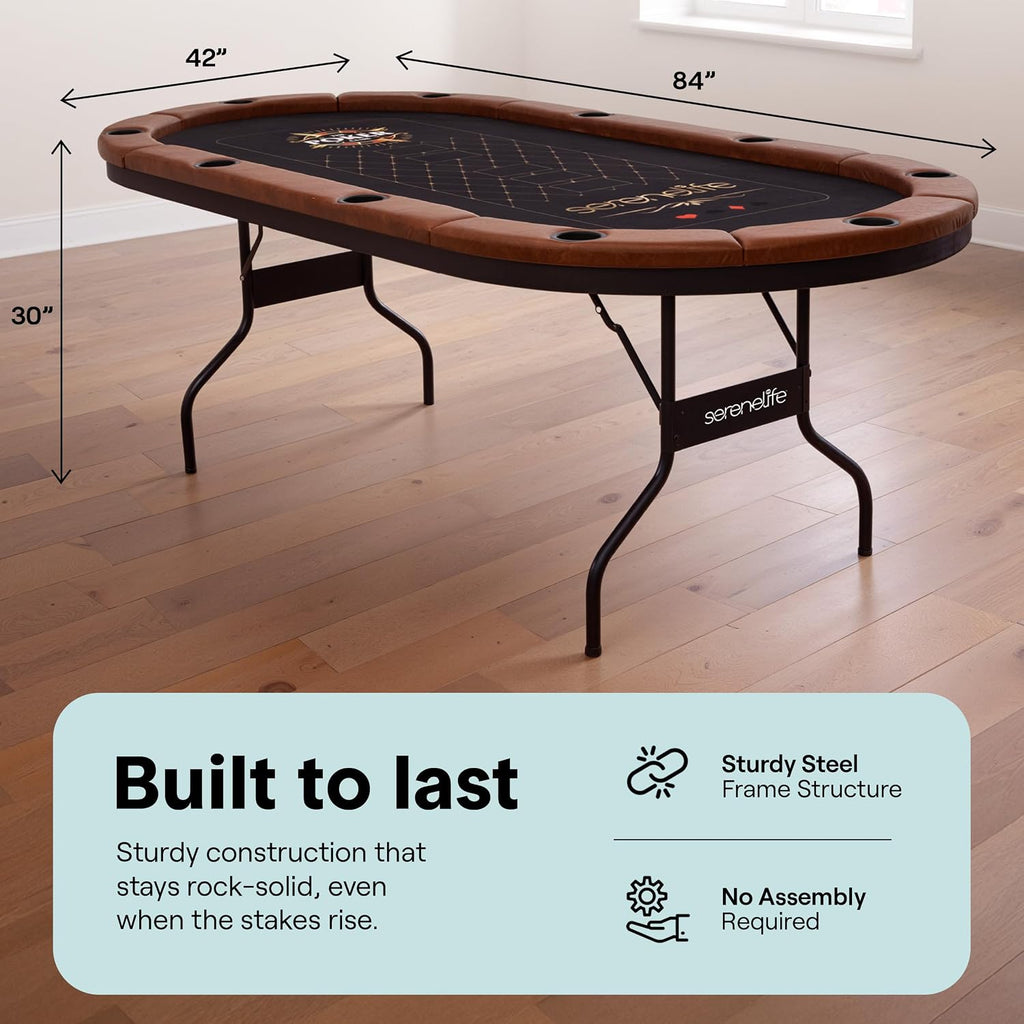 SereneLife 7ft Poker Table for 10 Players - Heavy Duty Oval Texas Hold'em Casino Table for Game Room, 25mm Reinforced Metal Legs, Durable Black PVC Rail, 10 Deep Cup Holders & Professional Layout
