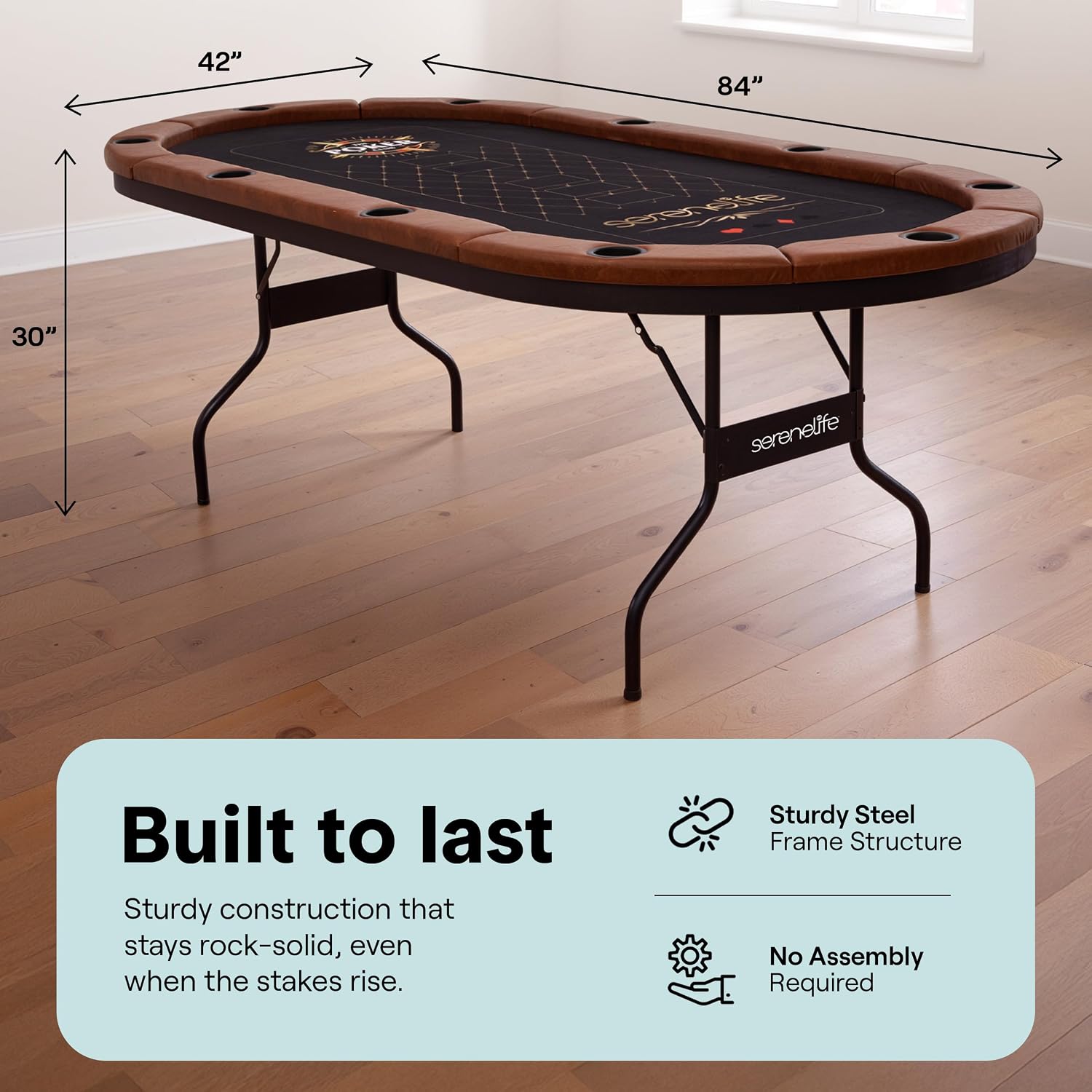 SereneLife 7ft Poker Table for 10 Players - Heavy Duty Oval Texas Hold'em Casino Table for Game Room, 25mm Reinforced Metal Legs, Durable Black PVC Rail, 10 Deep Cup Holders & Professional Layout