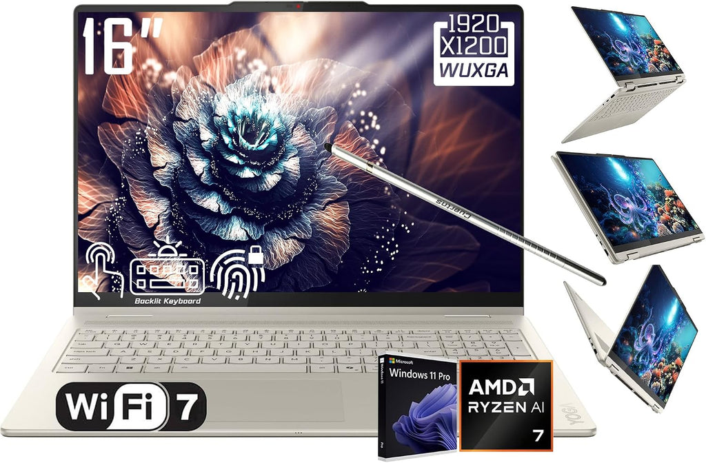 Lenovo Yoga 7 2-in-1 Laptop, 16' 2K LCD Touchscreen, AMD 8-Core Ryzen AI 7 350(>Intel i7-1355U), AI Copilot, 16GB LPDDR5X, 2TB SSD, WiFi 7, Backlit KB, Fingerprint, FHD Webcam, W/Stylus, Win 11 PRO