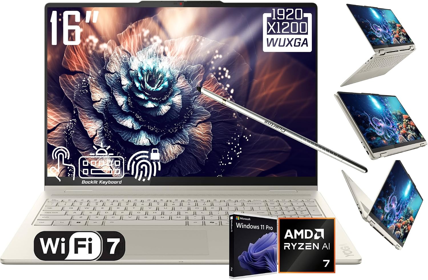 Lenovo Yoga 7 2-in-1 Laptop, 16' 2K LCD Touchscreen, AMD 8-Core Ryzen AI 7 350(>Intel i7-1355U), AI Copilot, 16GB LPDDR5X, 2TB SSD, WiFi 7, Backlit KB, Fingerprint, FHD Webcam, W/Stylus, Win 11 PRO