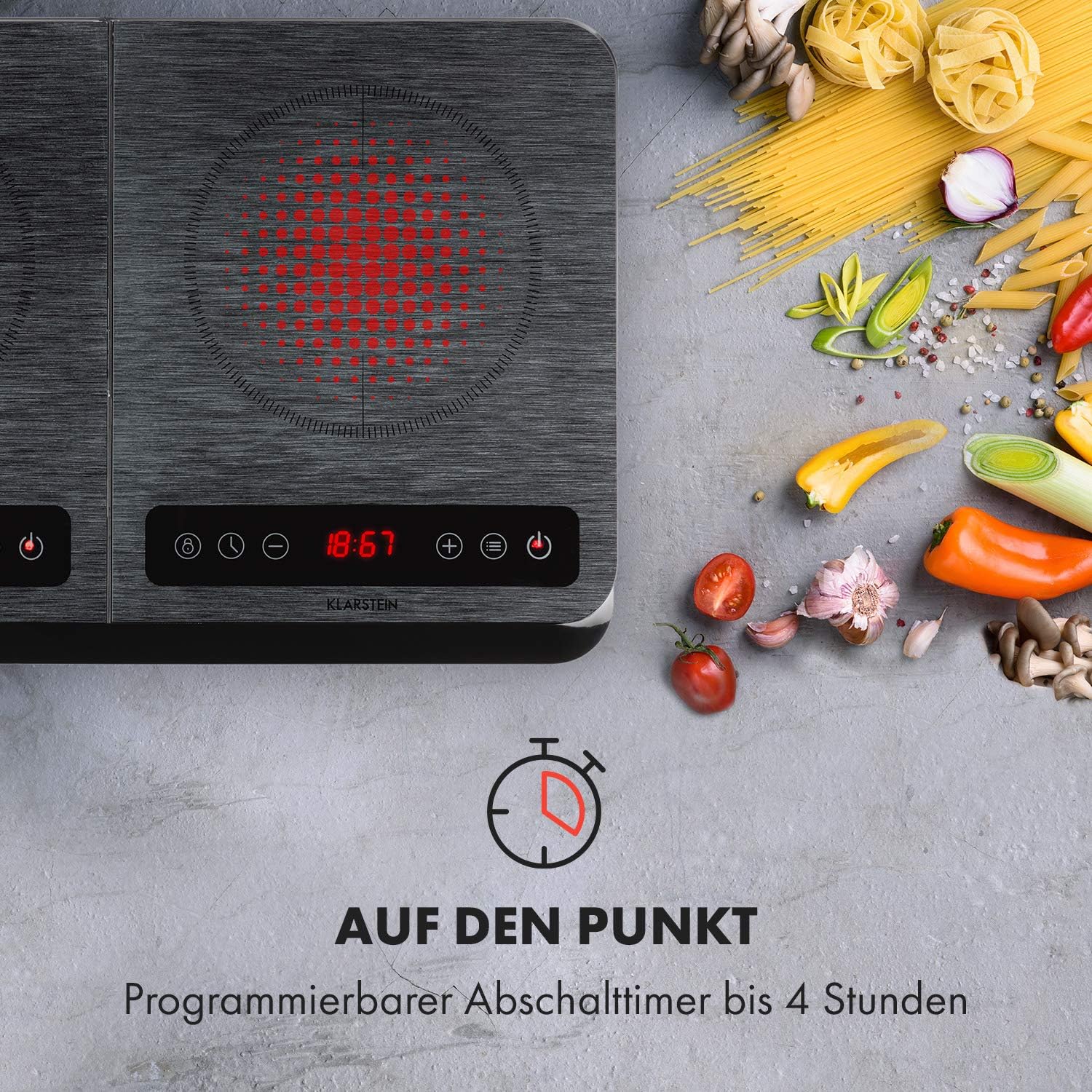 Klarstein InnoChef - Double Induction Hob, 3400 W, Touch Control, Pot Sensor, Shutdown Timer, 10 Levels, Overheat Protection, Child Safety Lock, Glass Ceramic, Black/Grey