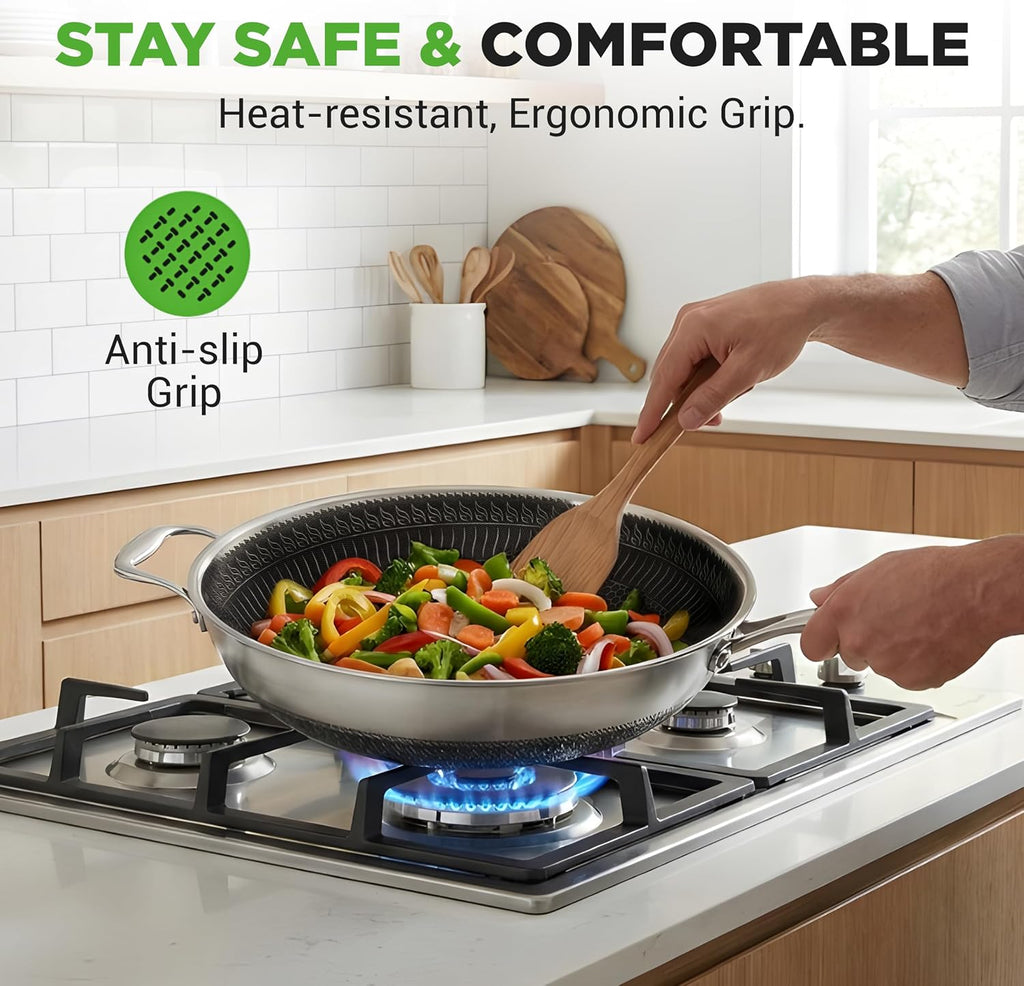 NutriChef 7-Piece Cookware Set Stainless Steel - Triply Kitchenware Pans Set Kitchen Cookware w/DAKIN Etching Non-Stick Coating - Small, Medium, & Large Stir Fry Pan with Lid, Wok - NC3PLY7S