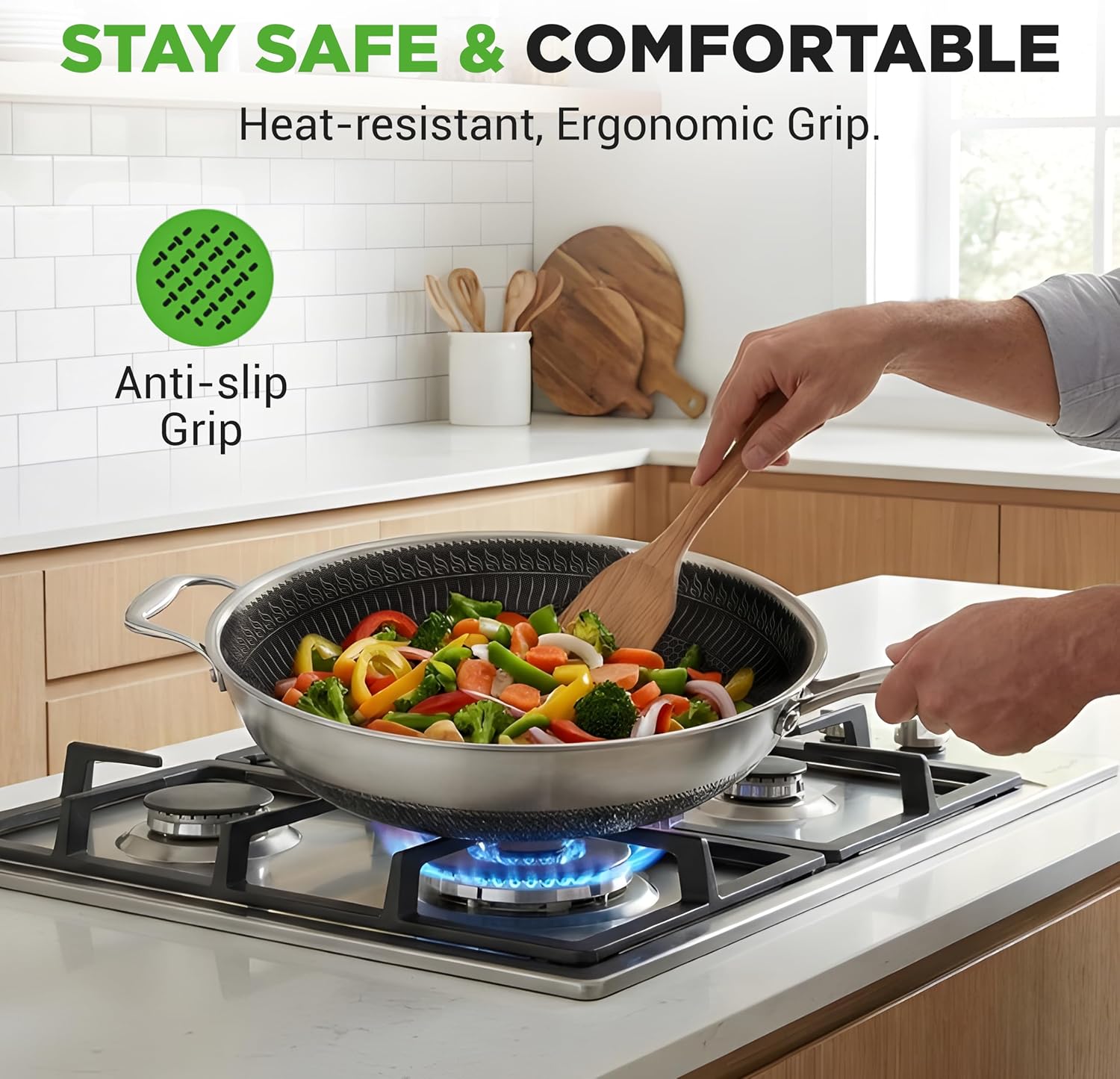 NutriChef 7-Piece Cookware Set Stainless Steel - Triply Kitchenware Pans Set Kitchen Cookware w/DAKIN Etching Non-Stick Coating - Small, Medium, & Large Stir Fry Pan with Lid, Wok - NC3PLY7S