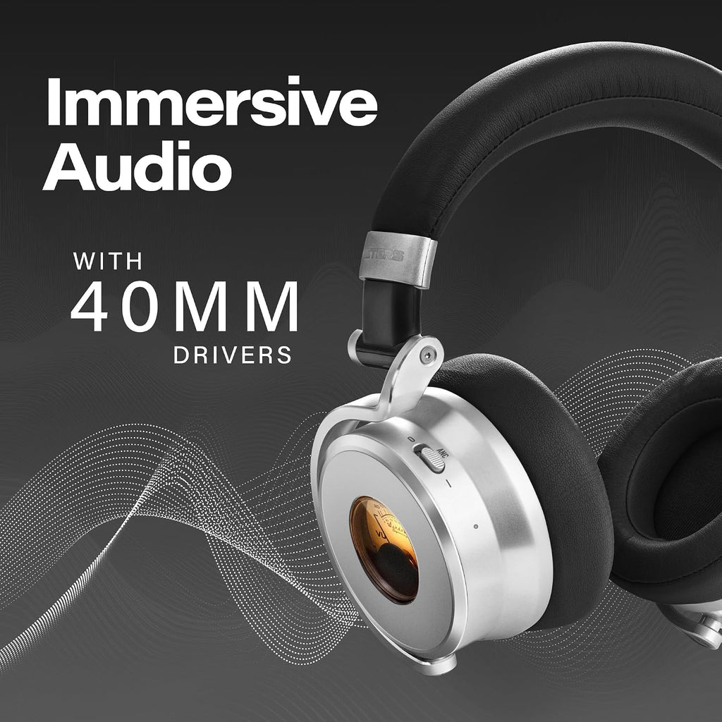Meters OV-1-B-C Over-Ear Wireless Headphones with Active Noise Cancellation - Studio-Quality Sound with 16-Hour Playback & VU Display - Bluetooth 5.0, App-Controlled, 40mm Drivers (Black)
