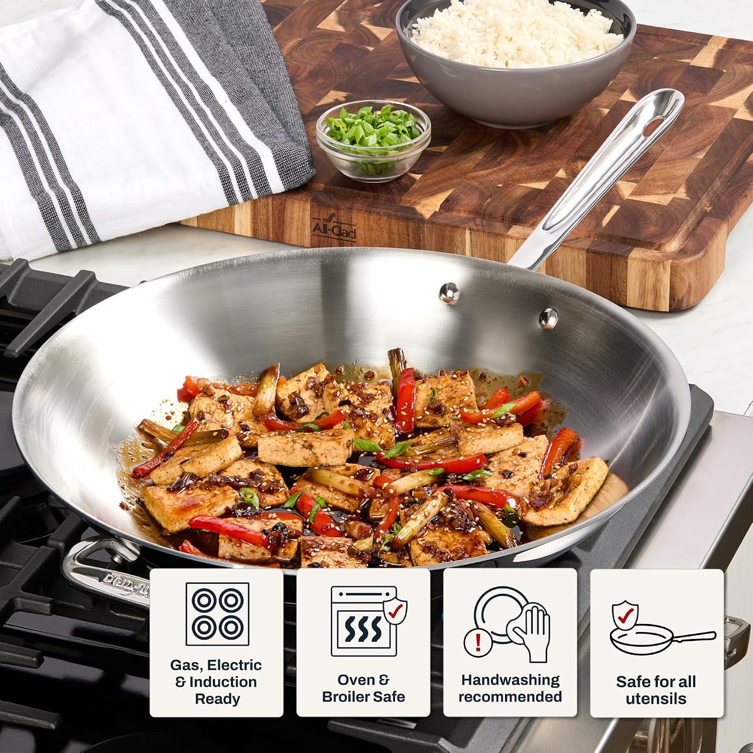 All-Clad D3® Stainless Steel 14 inch Wok Pan- Made in the USA- The Original Bonded Professional Cookware- Oven Safe & Induction Compatible