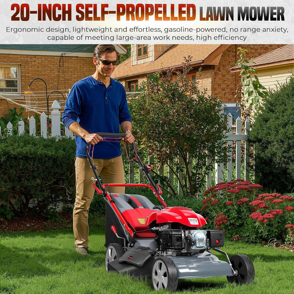 19 Inch Foldable Self Propelled Lawn Mower, 3-in-1 Gas Lawnmower with 131cc 4-Cycle Engine, Bagging, Mulching and Side Discharge, Adjustable 8-Positions Cutting Height, Easy Start Red